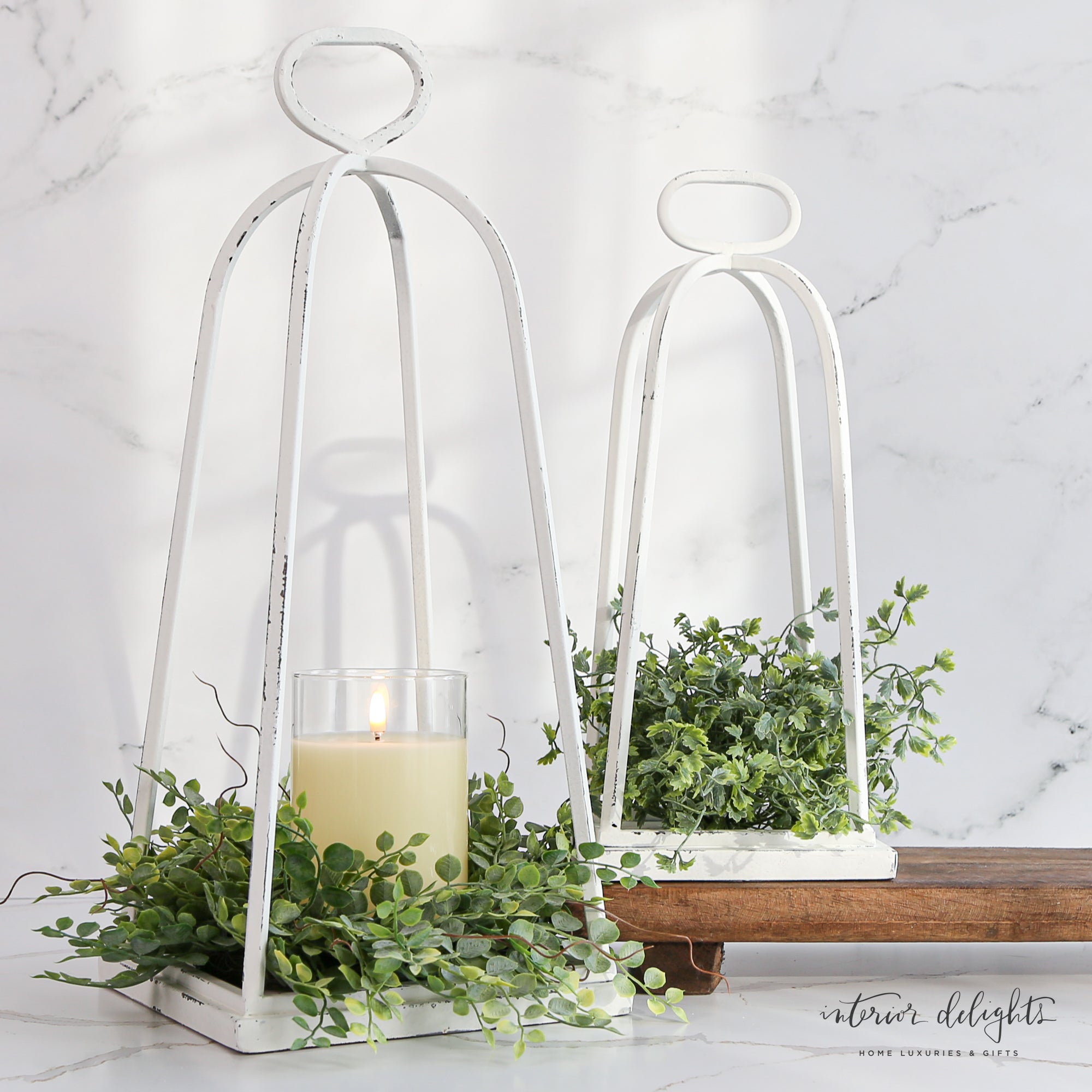 Close-up of White Distressed Lantern highlighting the rustic details and perfect for home decor.