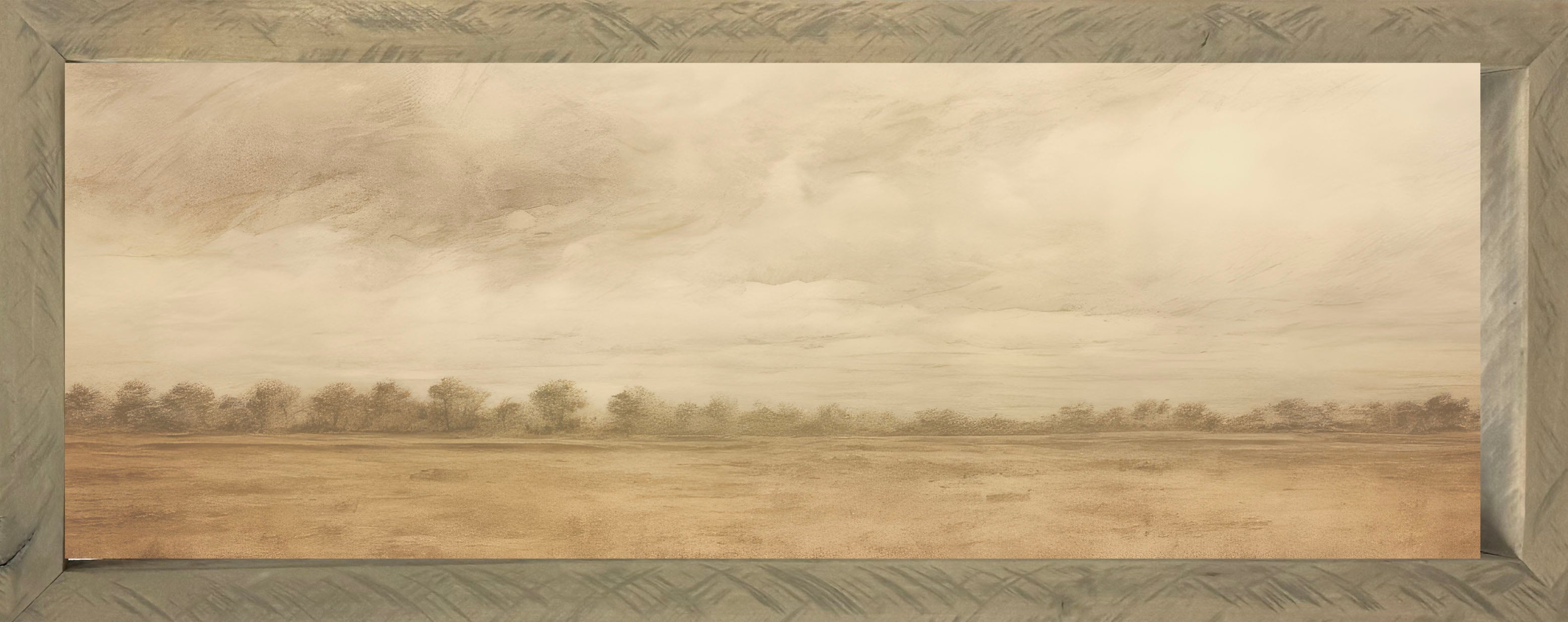 Vintage Plains 16x40 Thin Timberwood framed artwork on Raw Natural Canvas with Treescape 2 image, perfect for home decor.