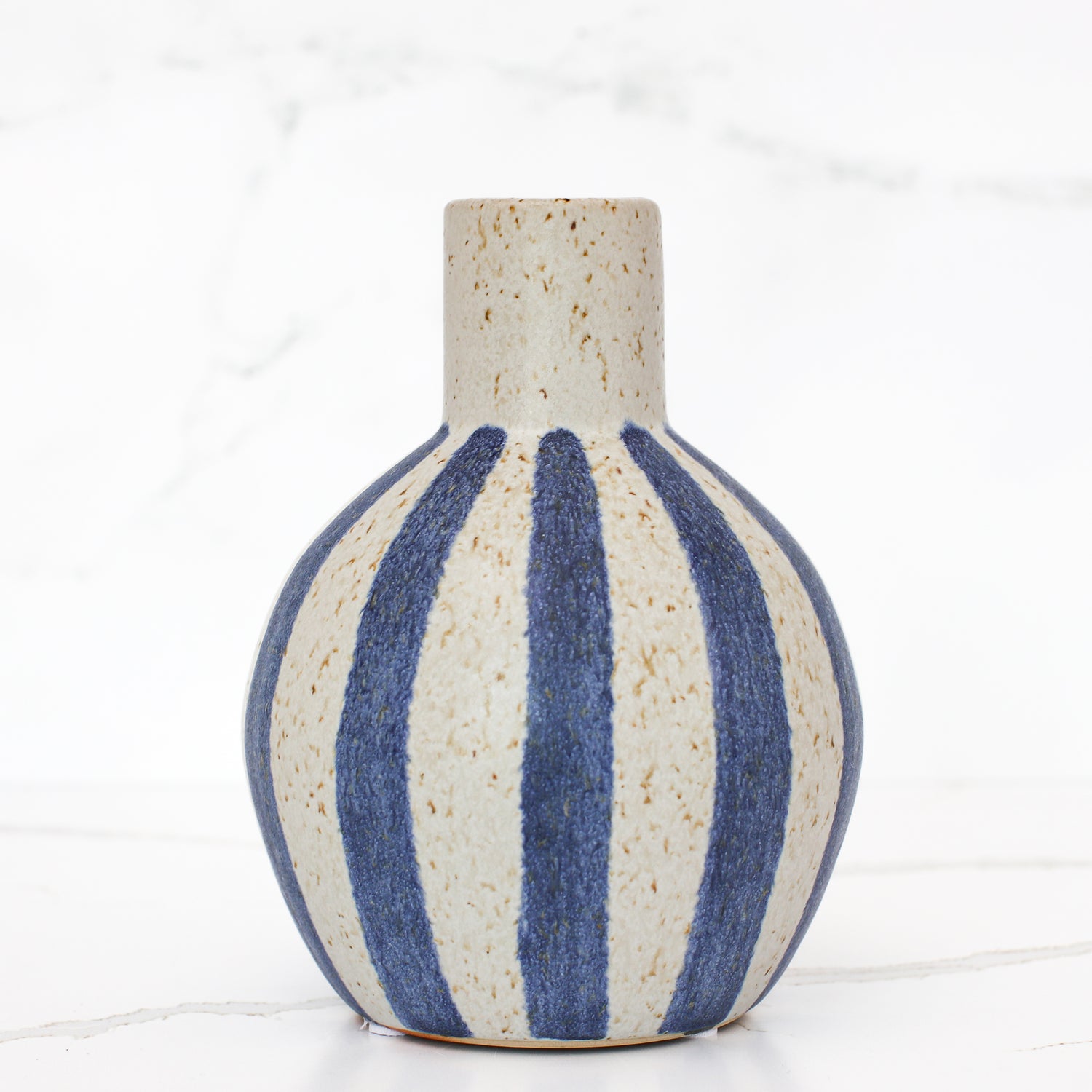 7 inch matte blue stripe ceramic vase with speckled finish, perfect for cottage decor.