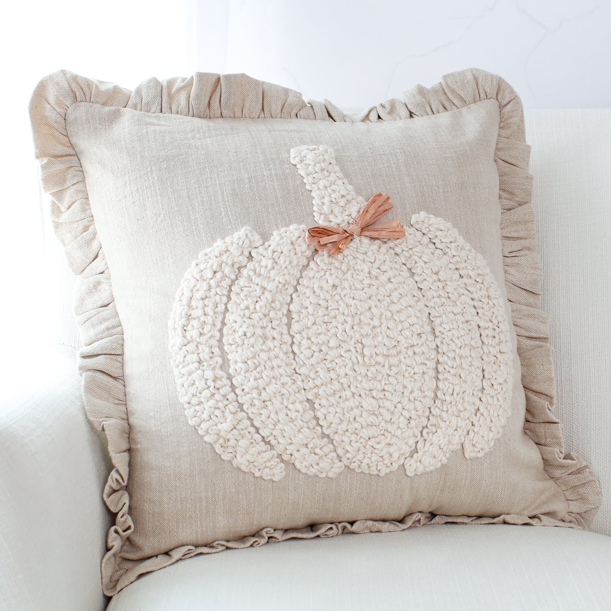 Natural Embroidered Pumpkin Square Pillow