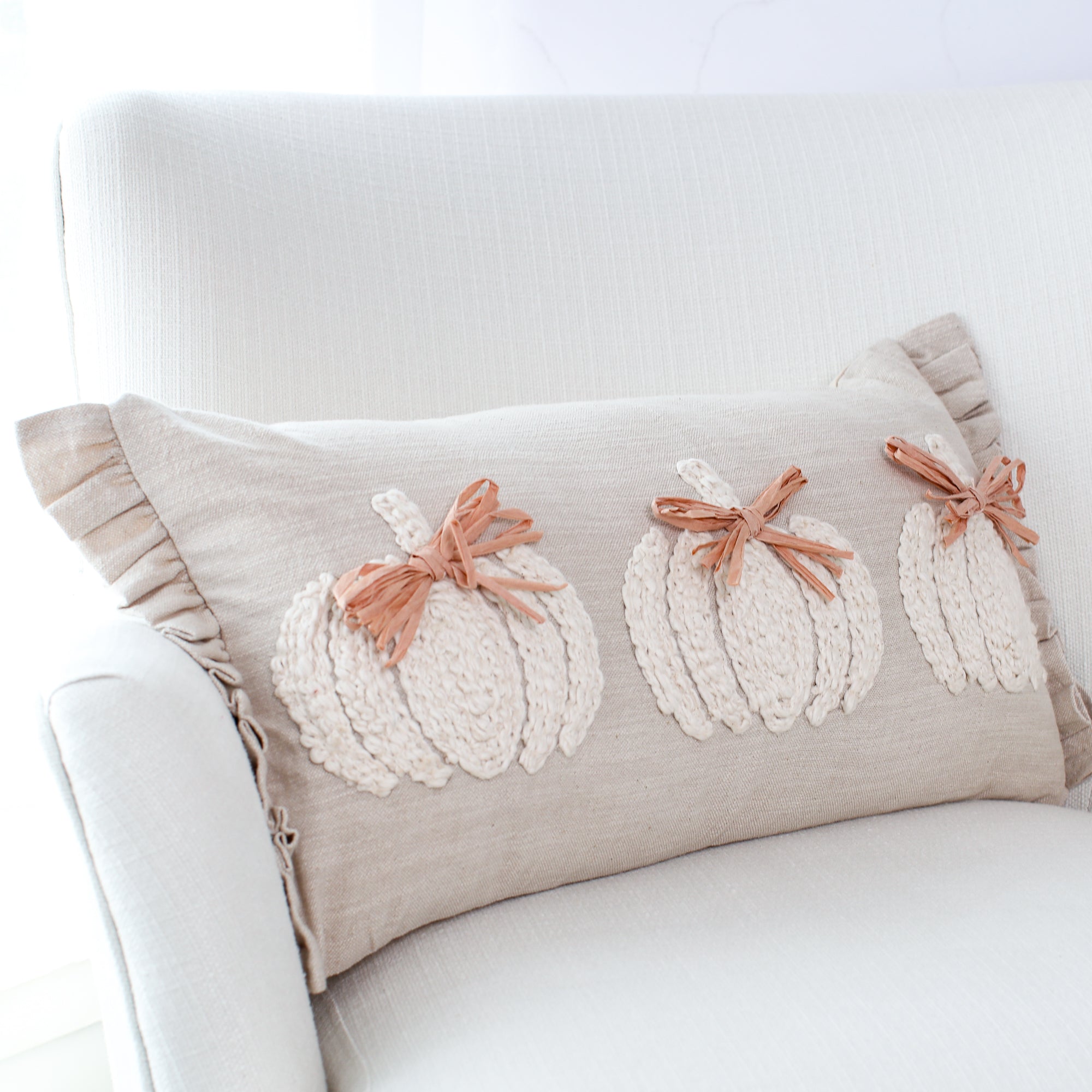 Natural Embroidered Pumpkin Lumbar Pillow