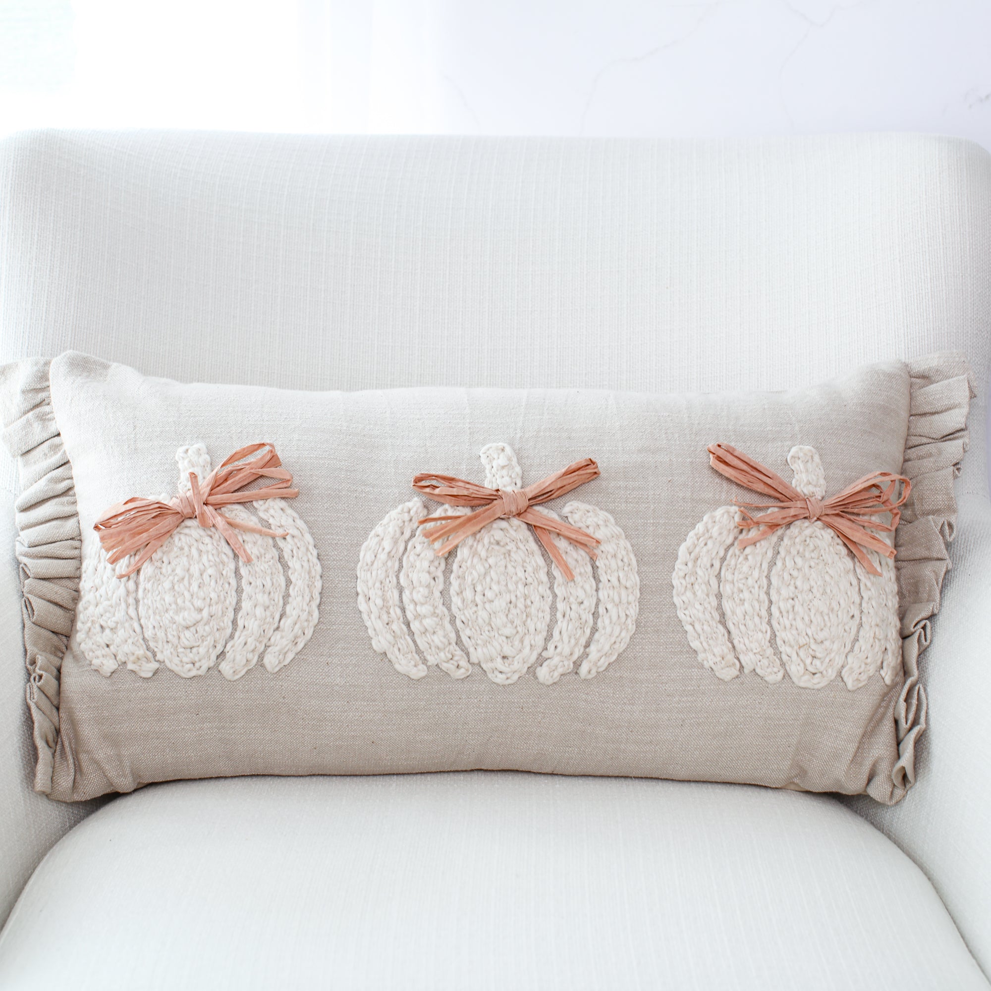 Natural Embroidered Pumpkin Lumbar Pillow