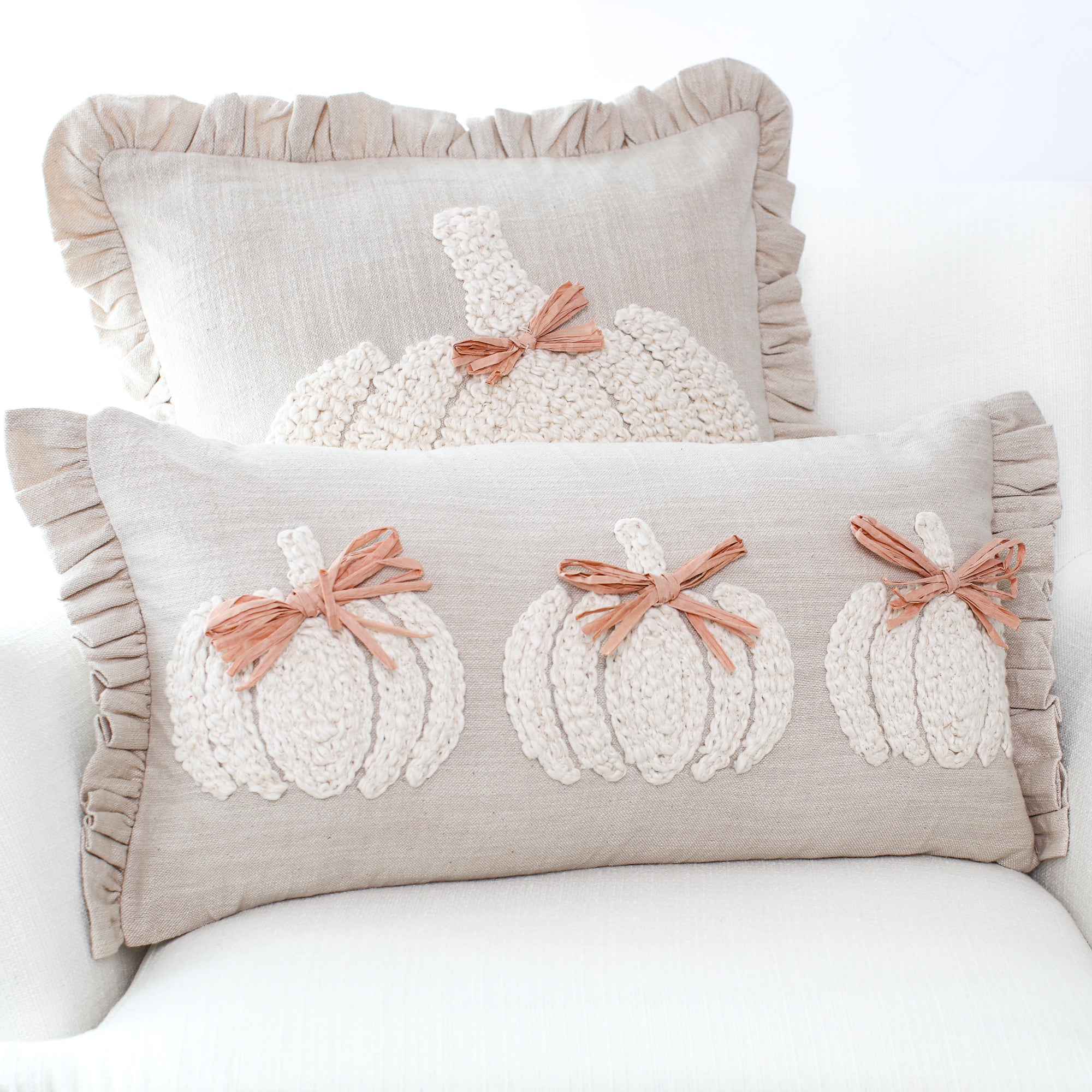 Natural Embroidered Pumpkin Square Pillow