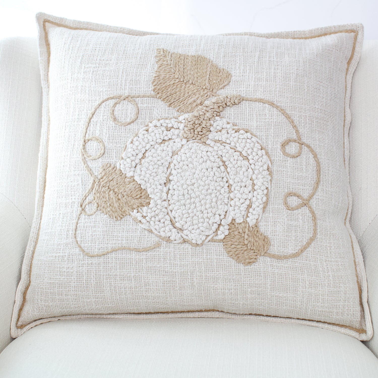 Close-up of Pumpkin Pillow with Border Stitching - 20 x 20 highlighting the classic border stitching and subtle pumpkin details.