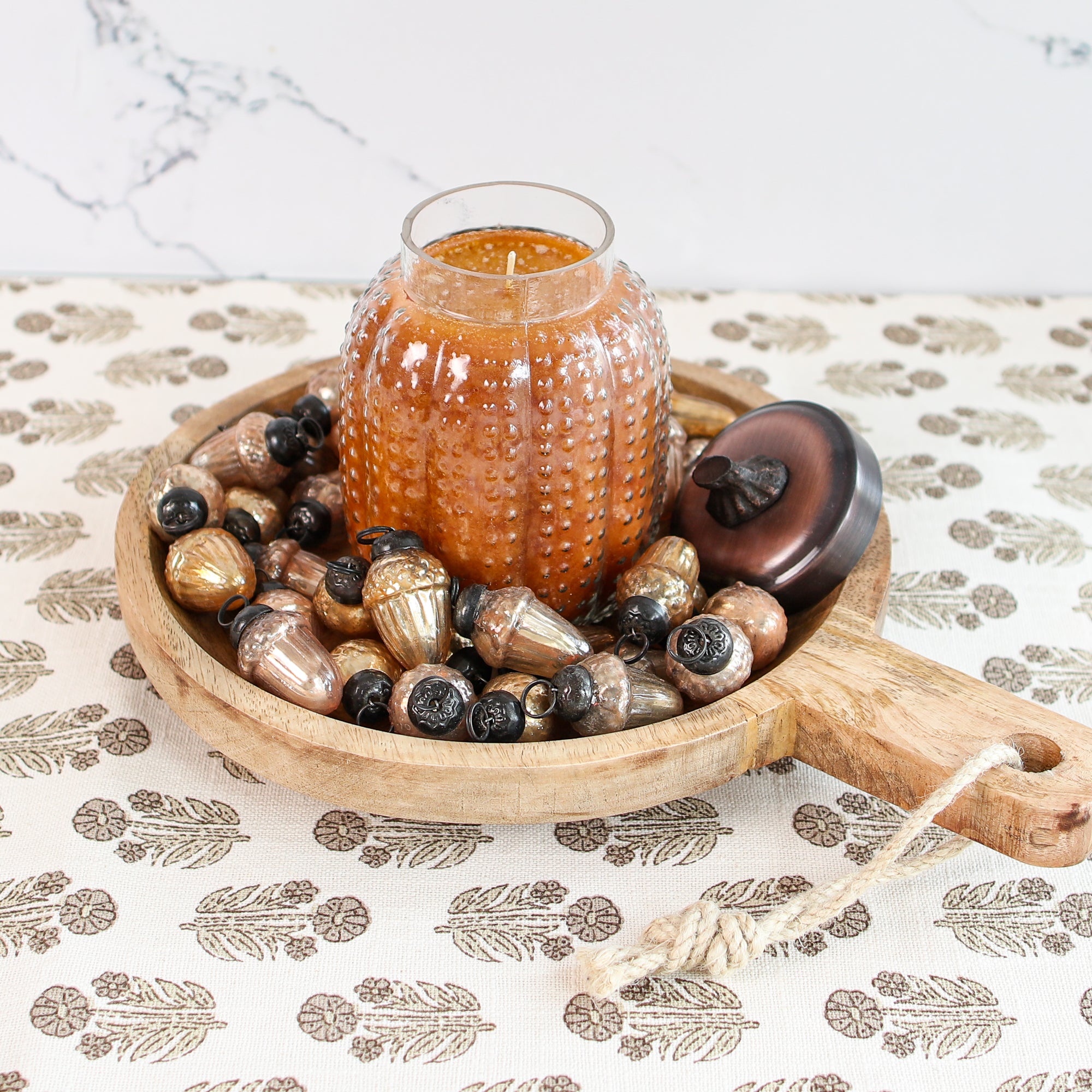 Close-up of the Taupe Block Print Table Runner showcasing the intricate floral pattern and crochet fringe edges.
