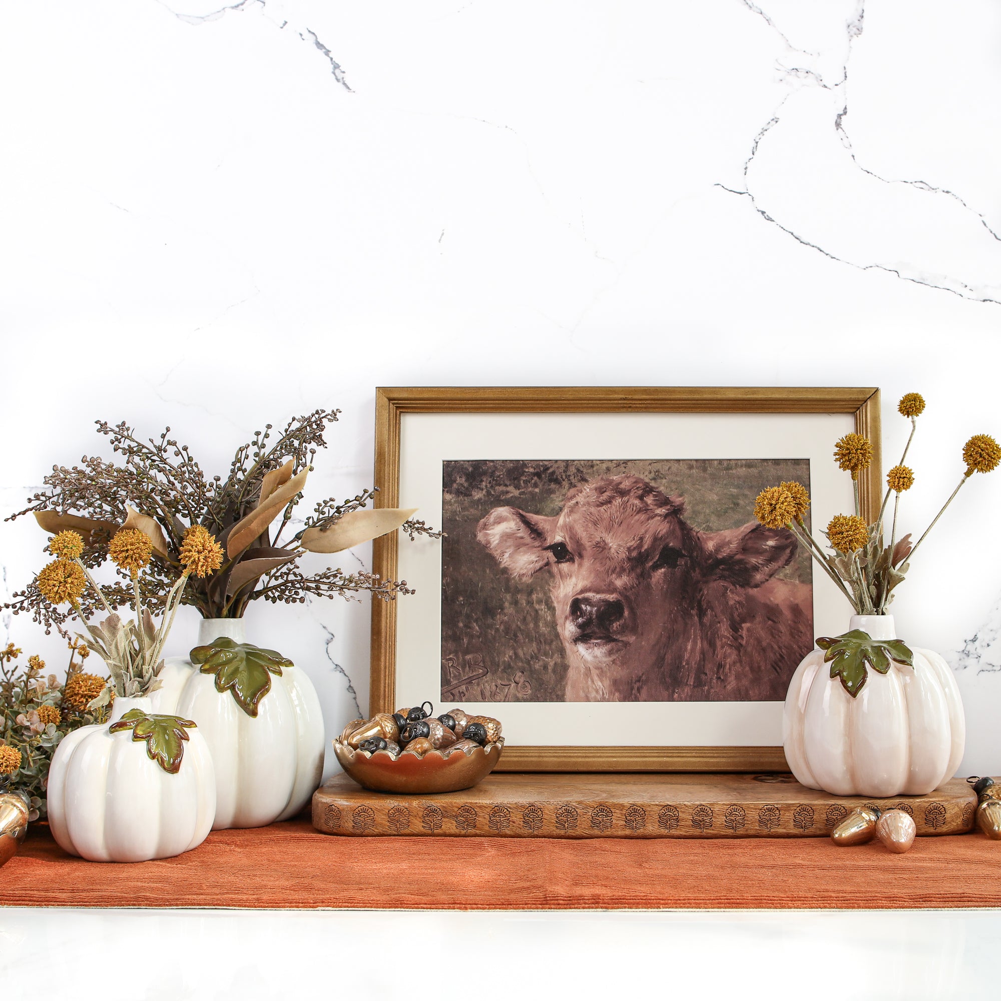 Large Ceramic Pumpkin Bud Vase in glossy white, great for adding charm to mantels or tables.