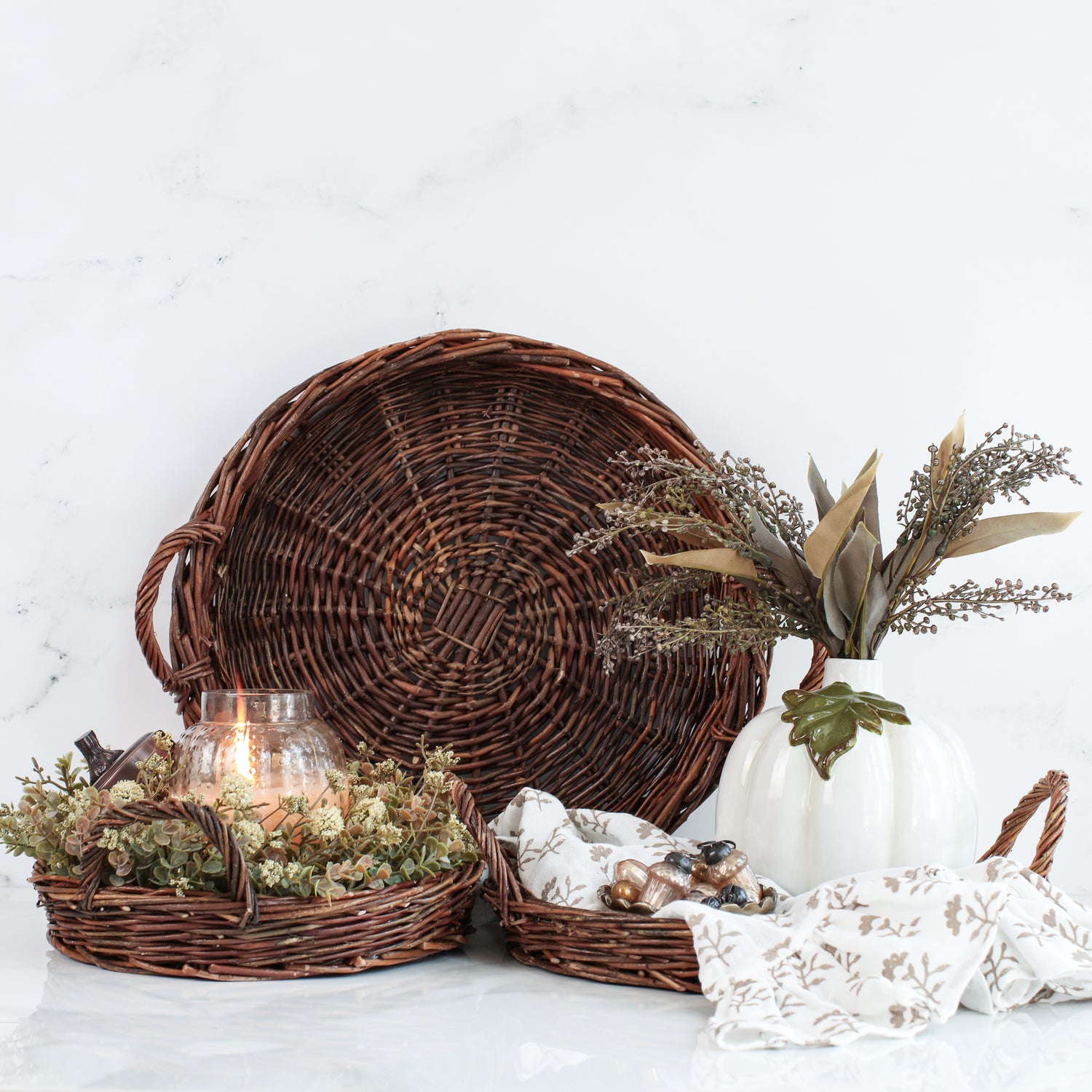 Medium Willow Basket Tray in Set of 3, ideal for tabletop displays or layering under decor.