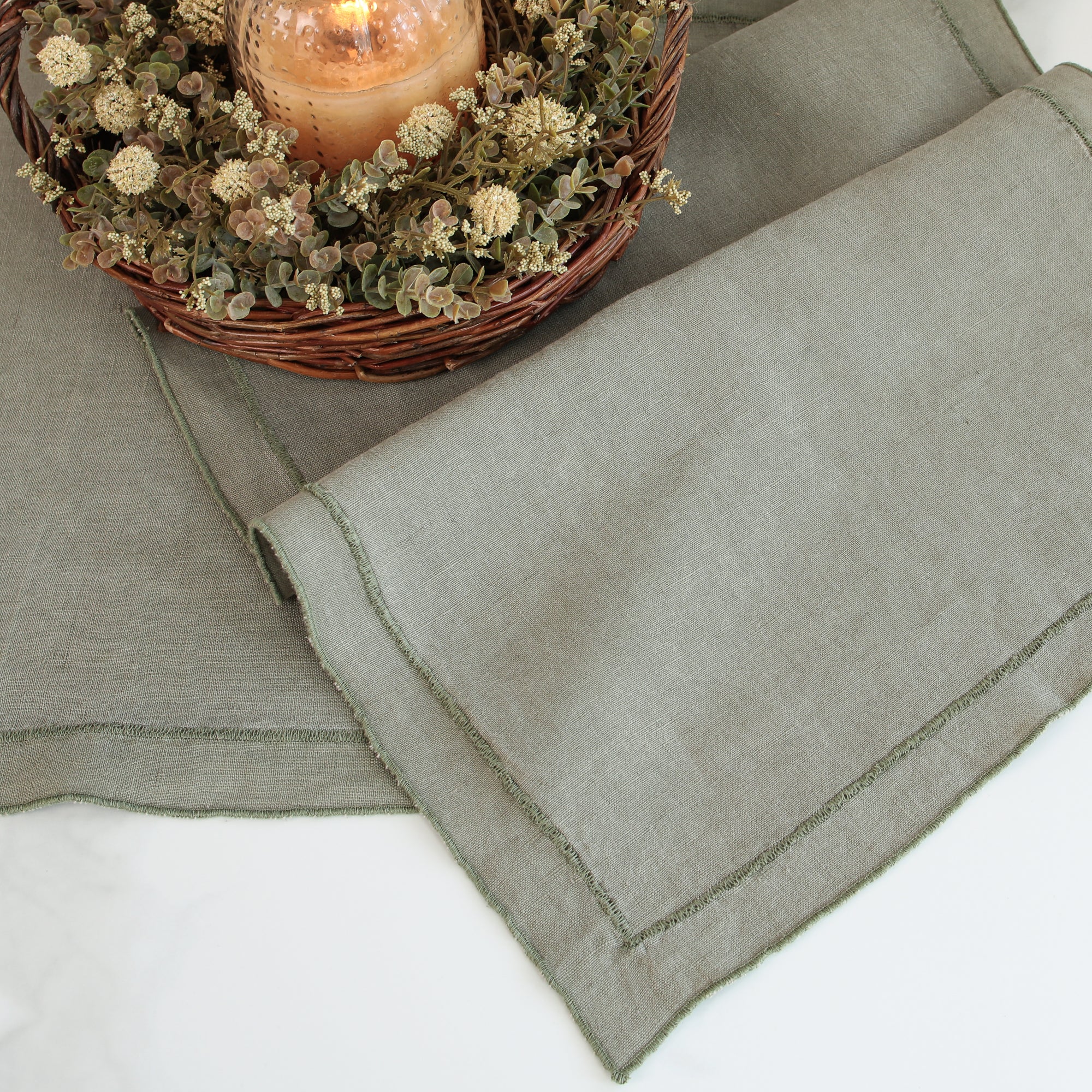 Olive Stonewashed Linen Runner