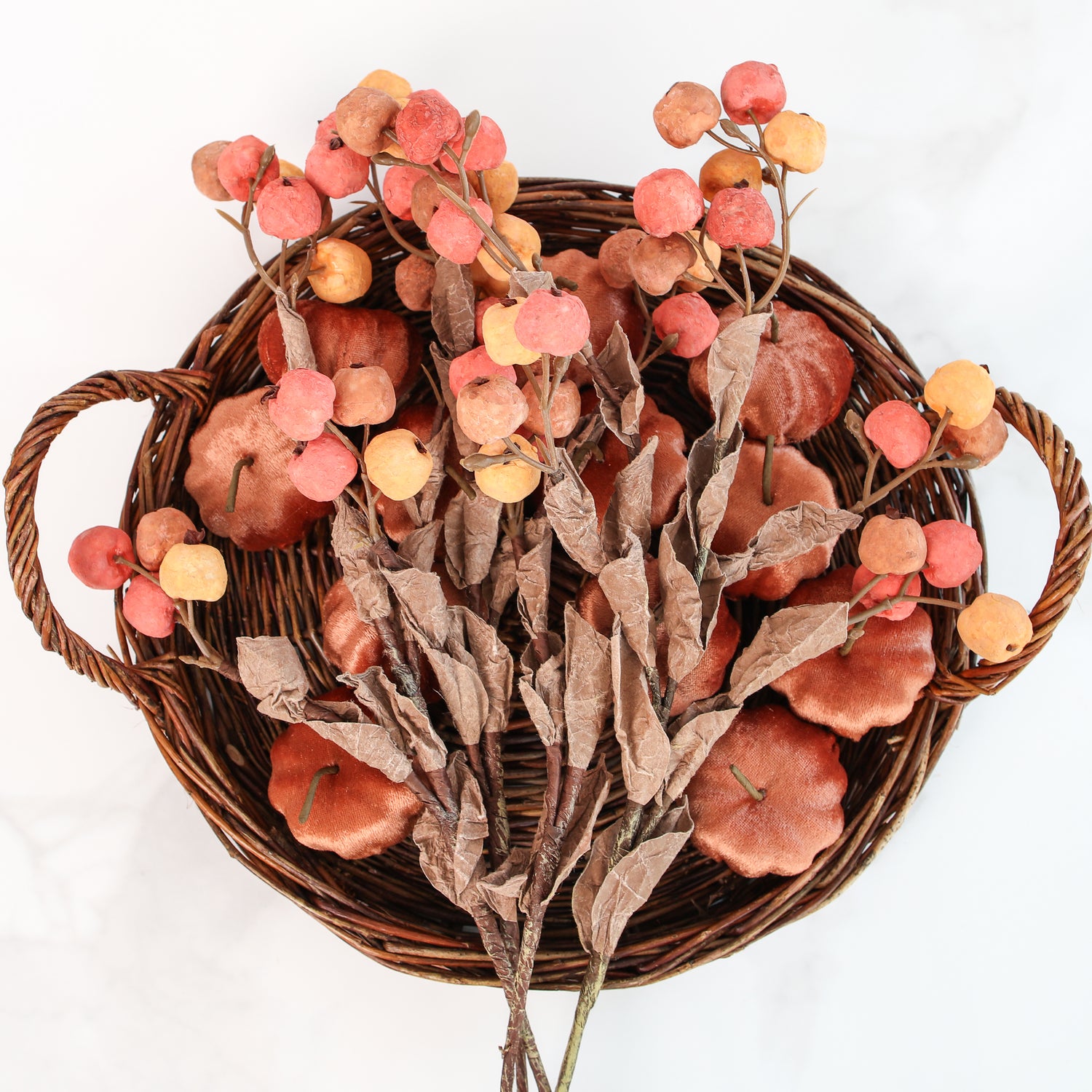 Full display of the 19" Yellow and Orange Pumpkin Branch styled in a vase, adding height and seasonal warmth.