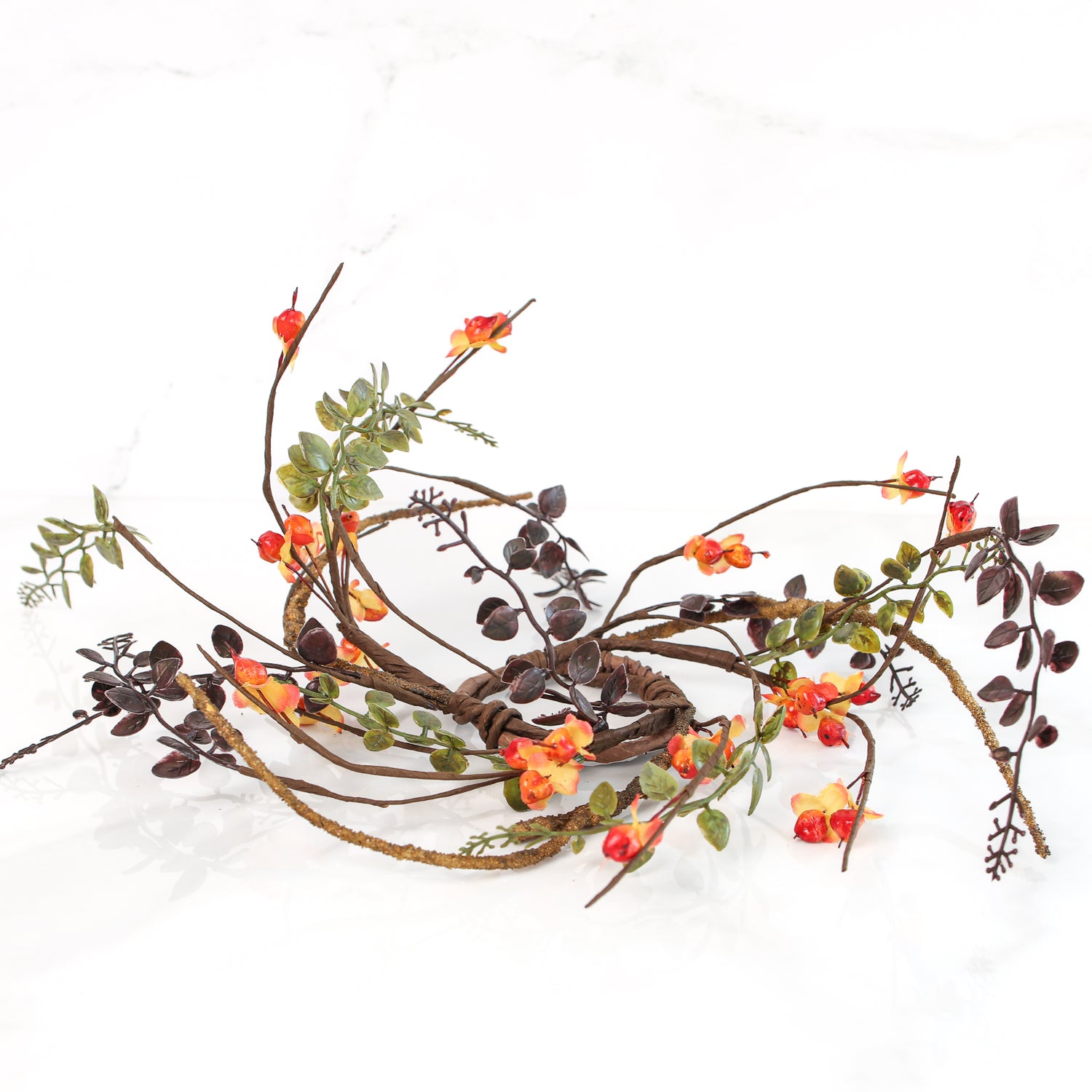 Close-up of the 8” Bittersweet Candle Ring showcasing rich colors and textures, ideal for candle displays or wreath layering.