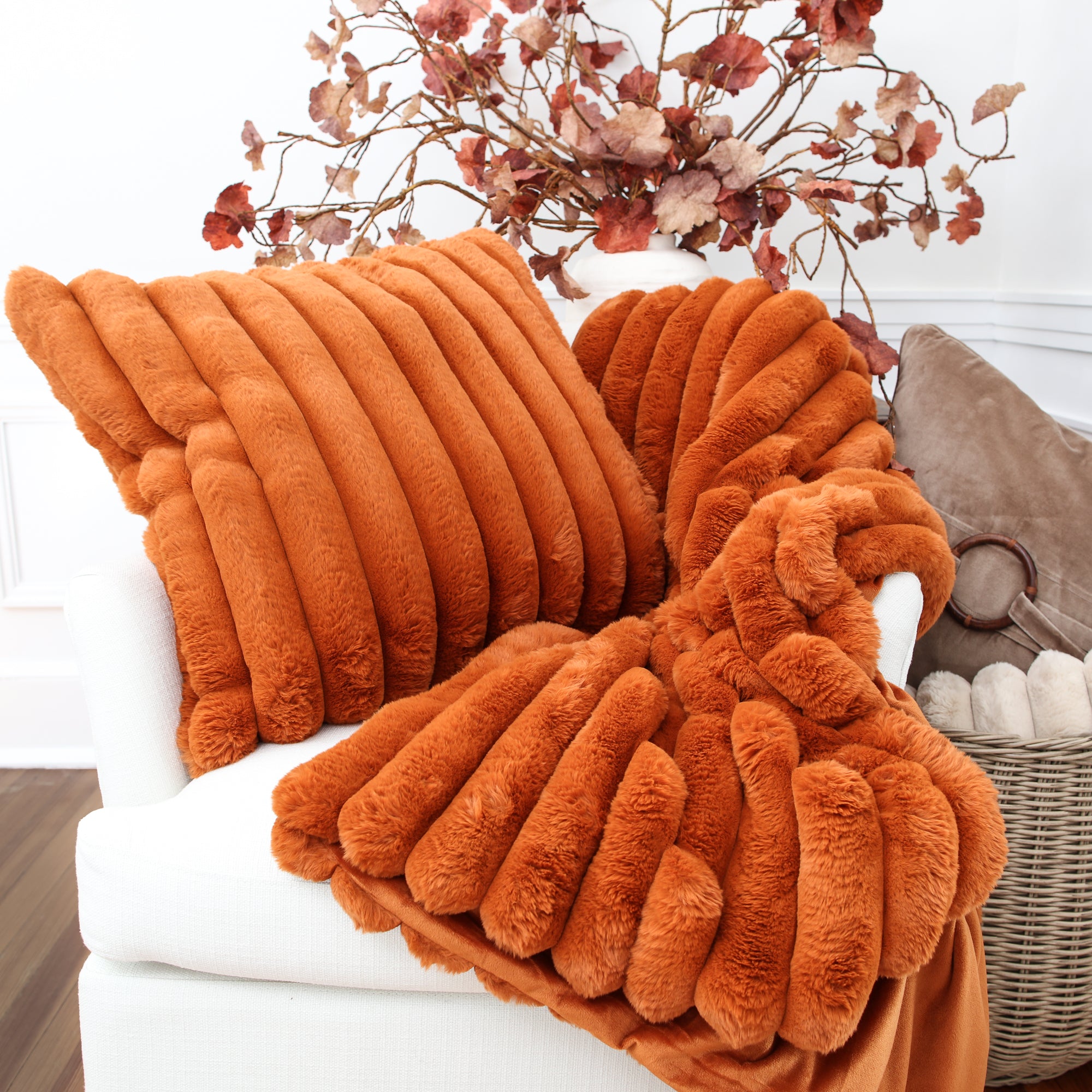 Orange Faux Fur Pillow 24in