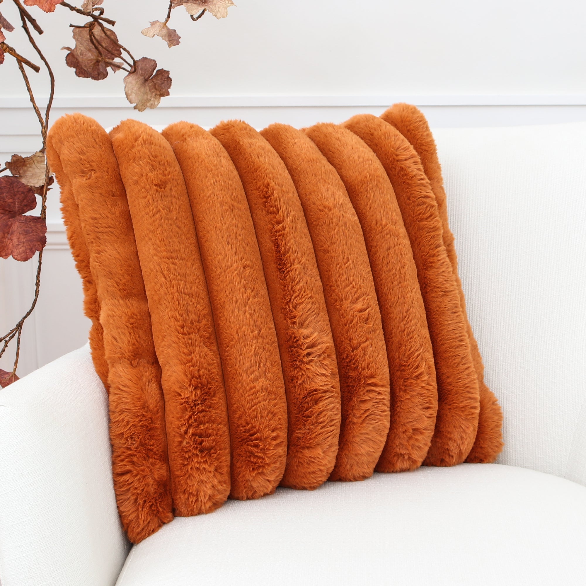 Orange Faux Fur Pillow 18in