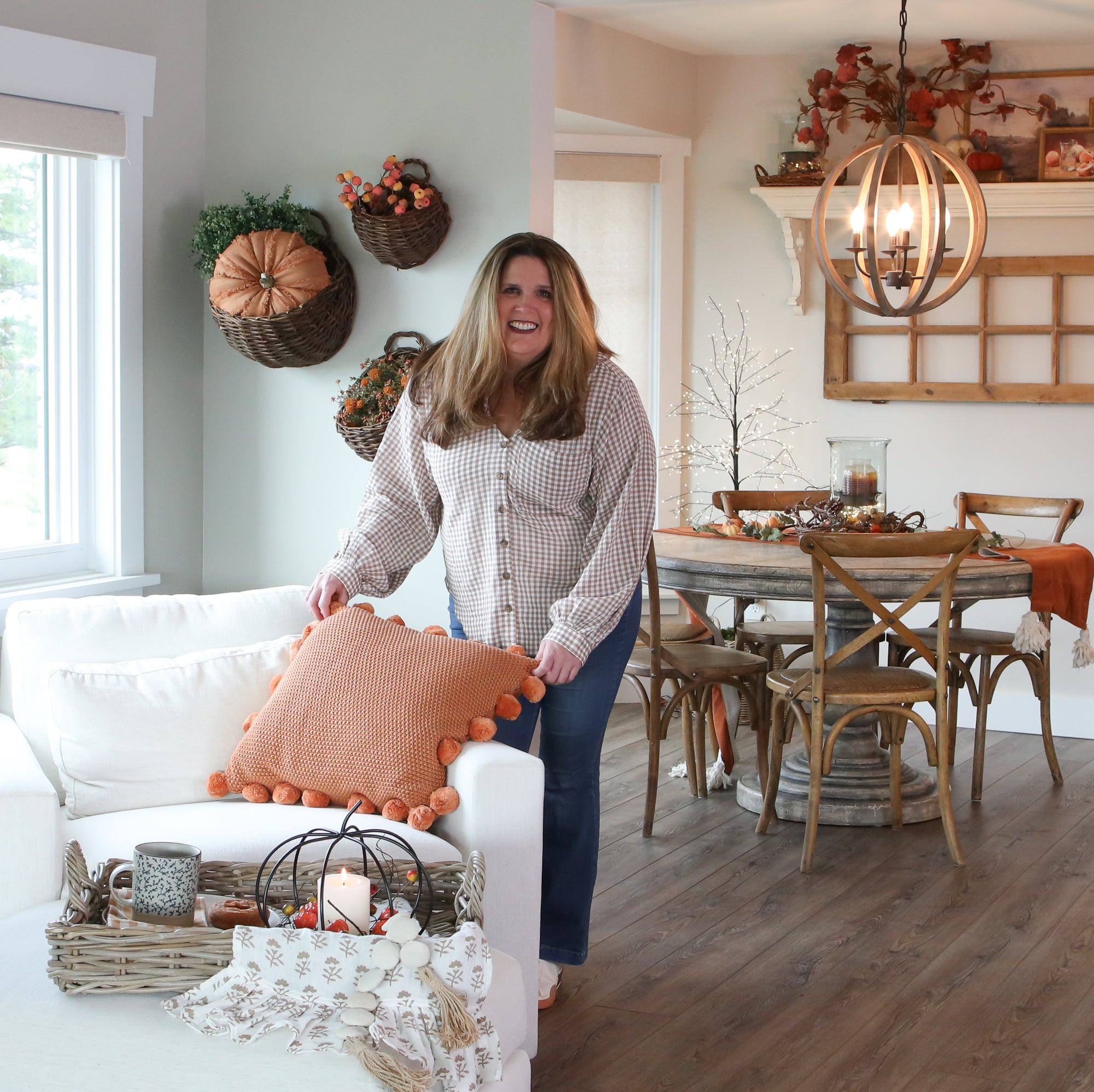 Orange Knit Pillow with Pompom Trim