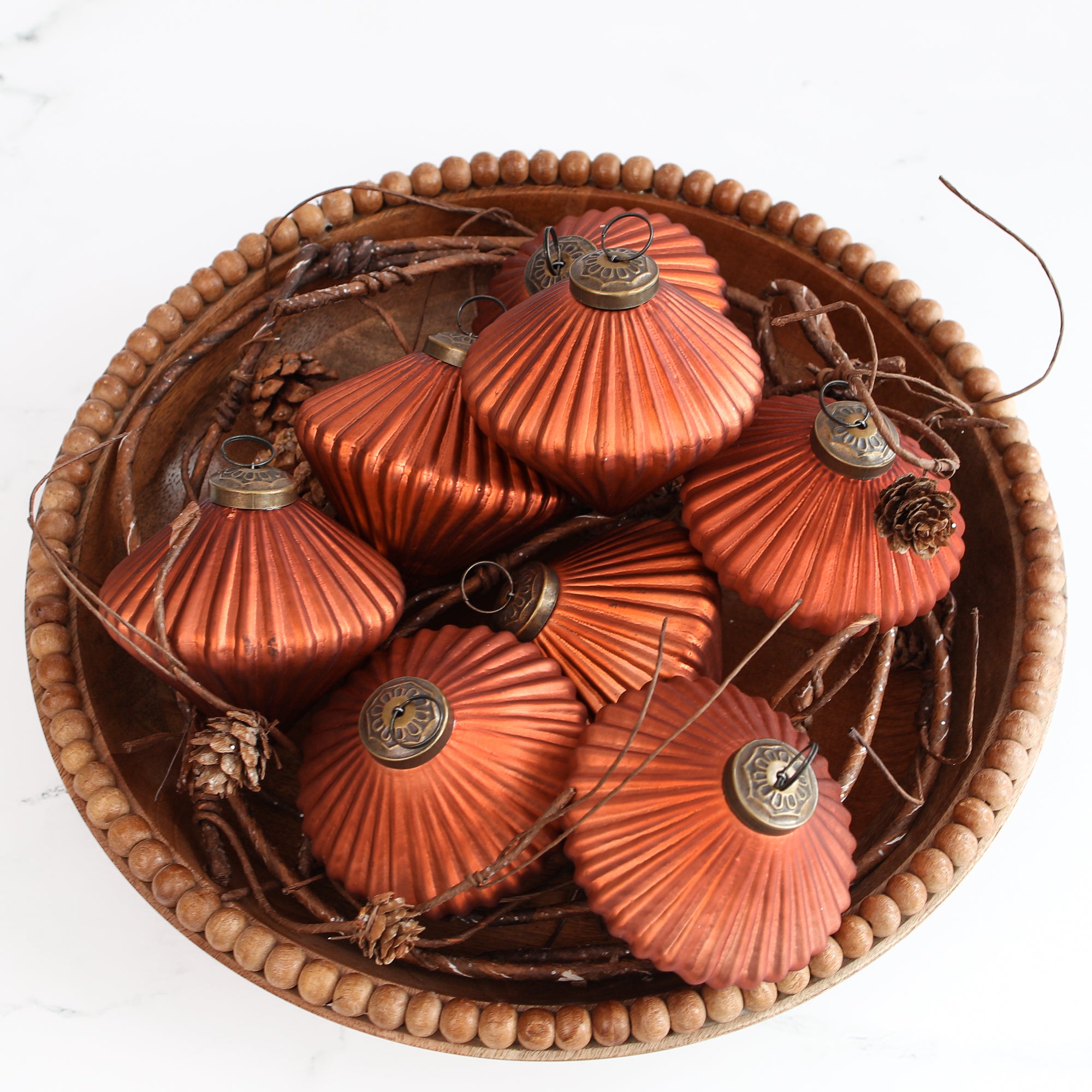 Ribbed Burnt Orange Glass Onion Ornament Set of 8