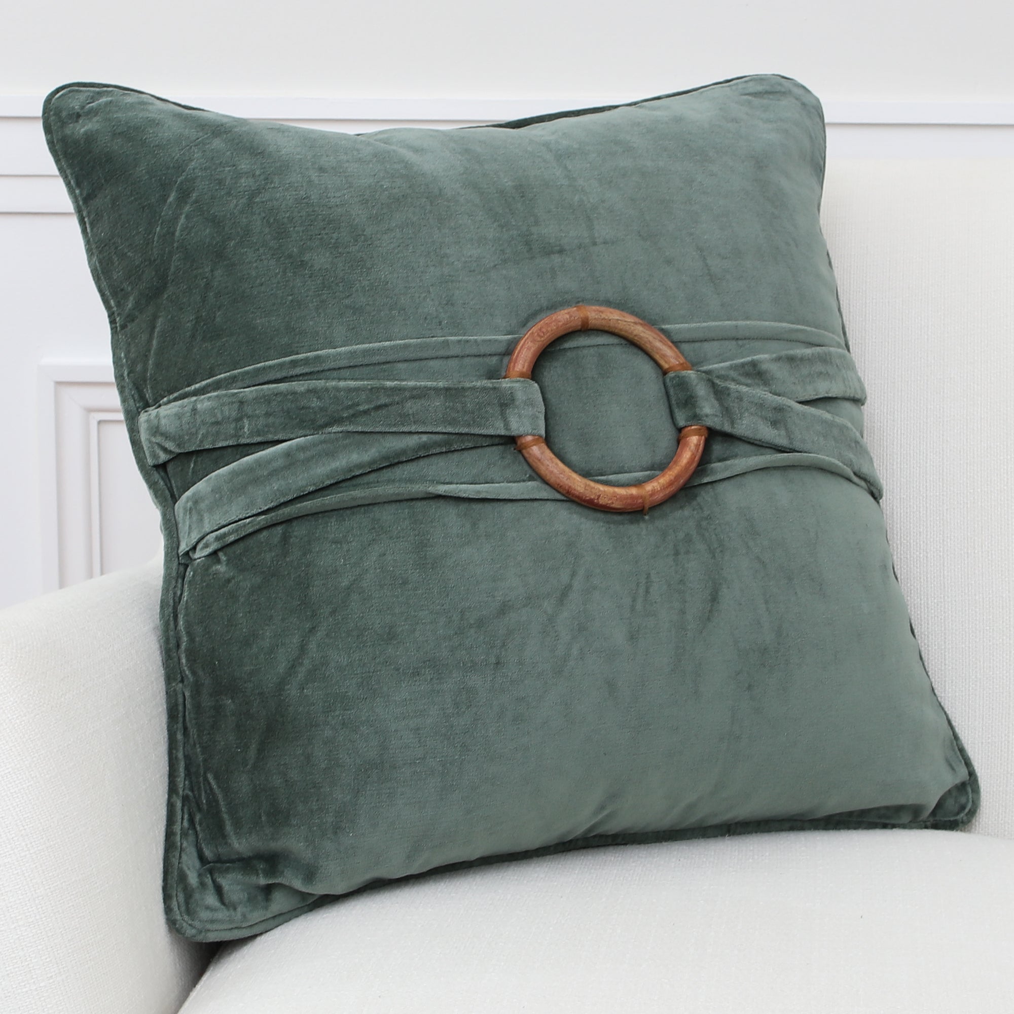 Green Velvet Pillow with Bamboo Ring 20in