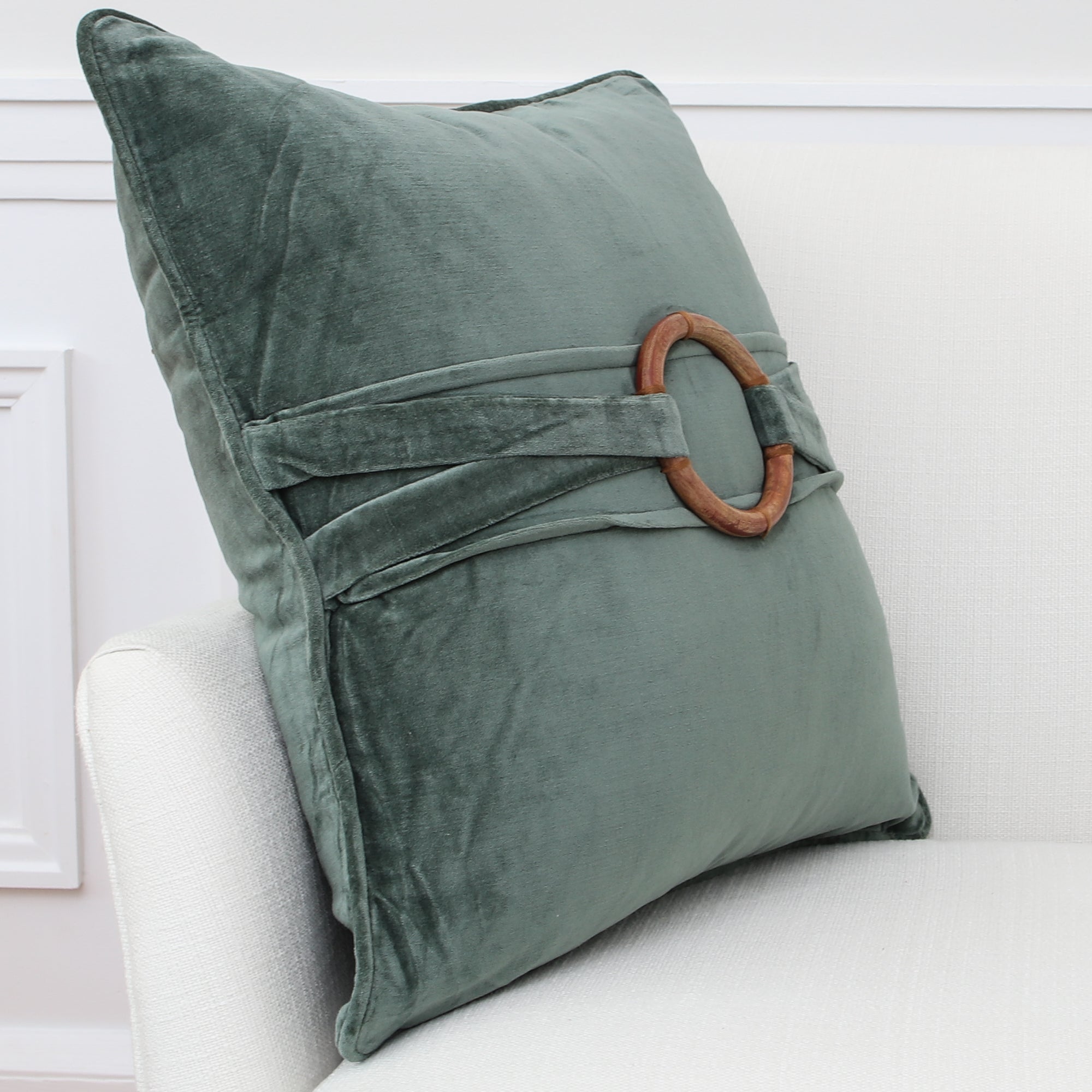 Green Velvet Pillow with Bamboo Ring 20in