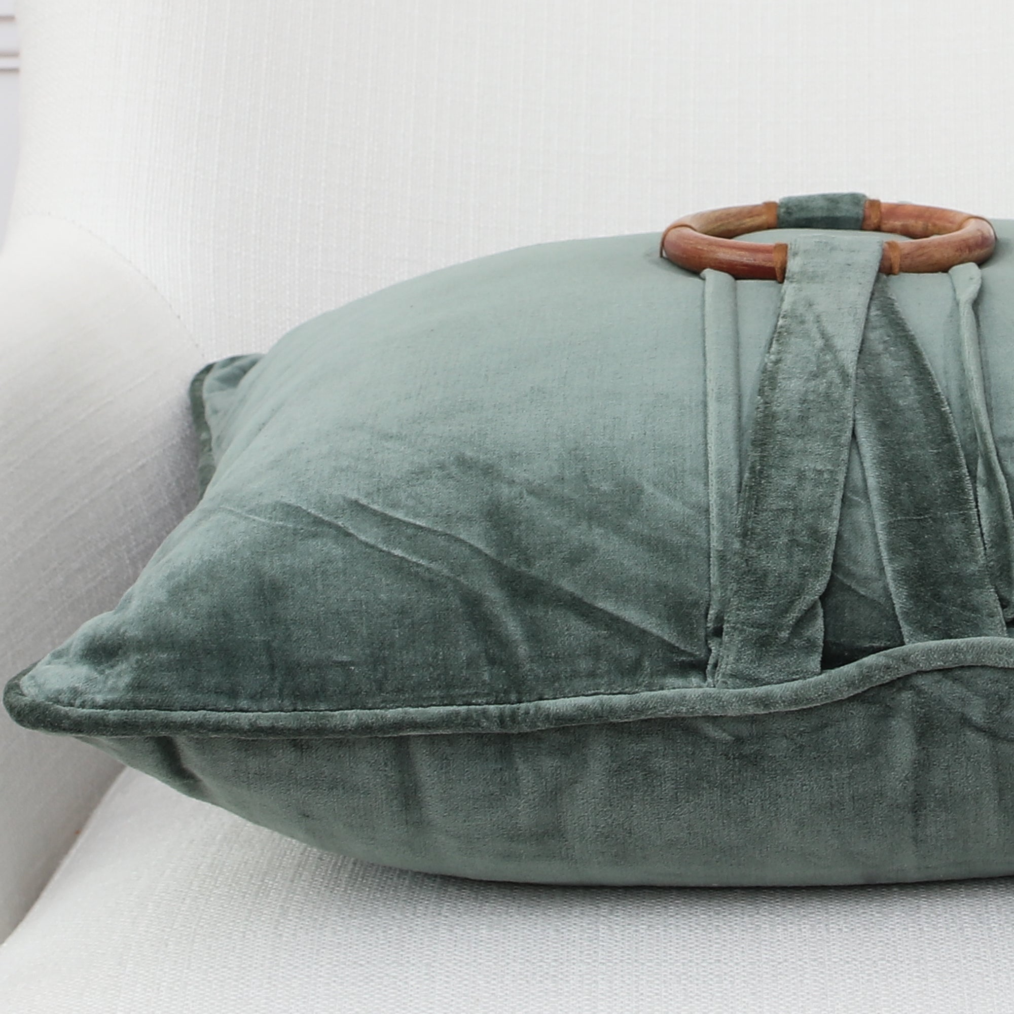 Green Velvet Pillow with Bamboo Ring 20in