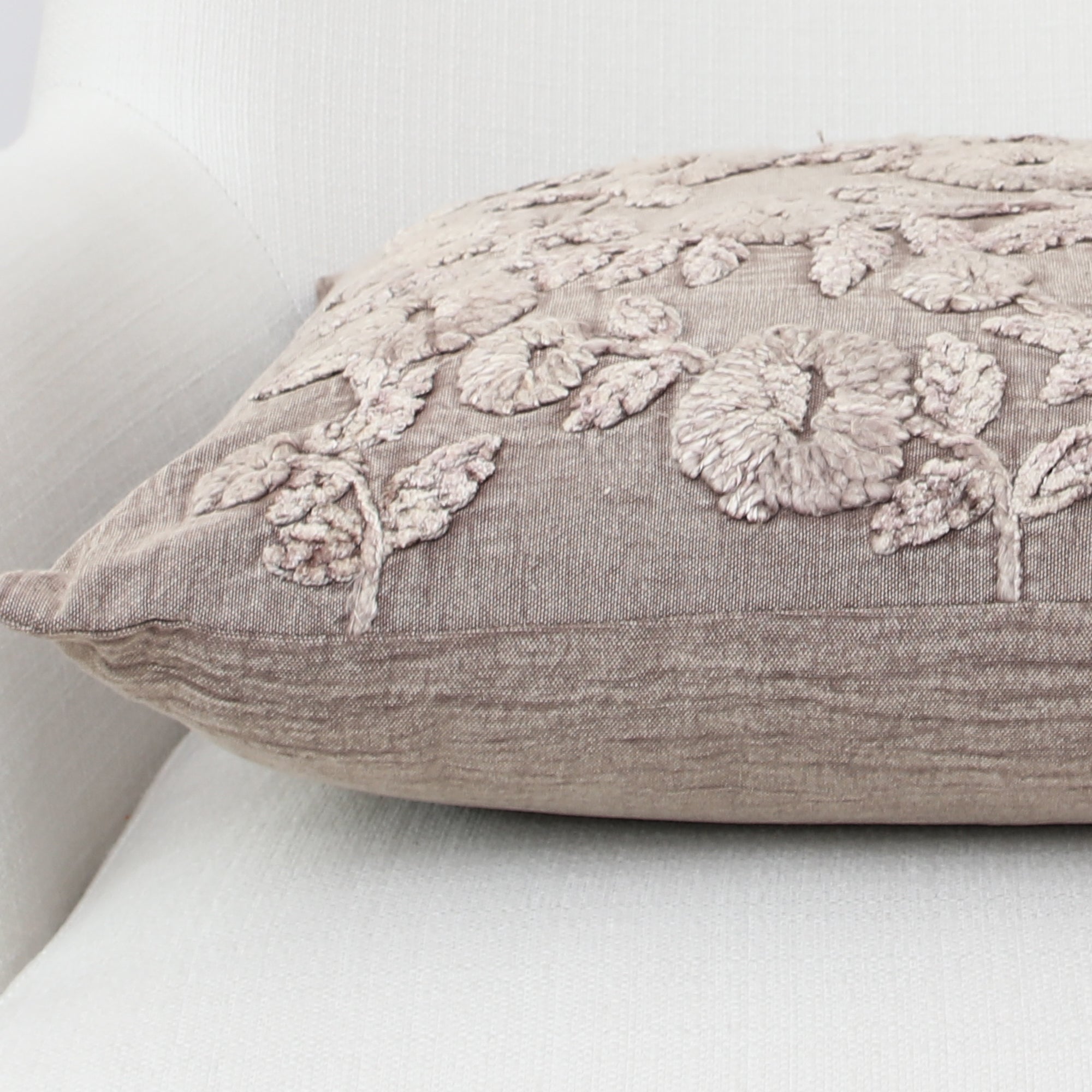Stone Washed Taupe Floral Embroidered Pillow