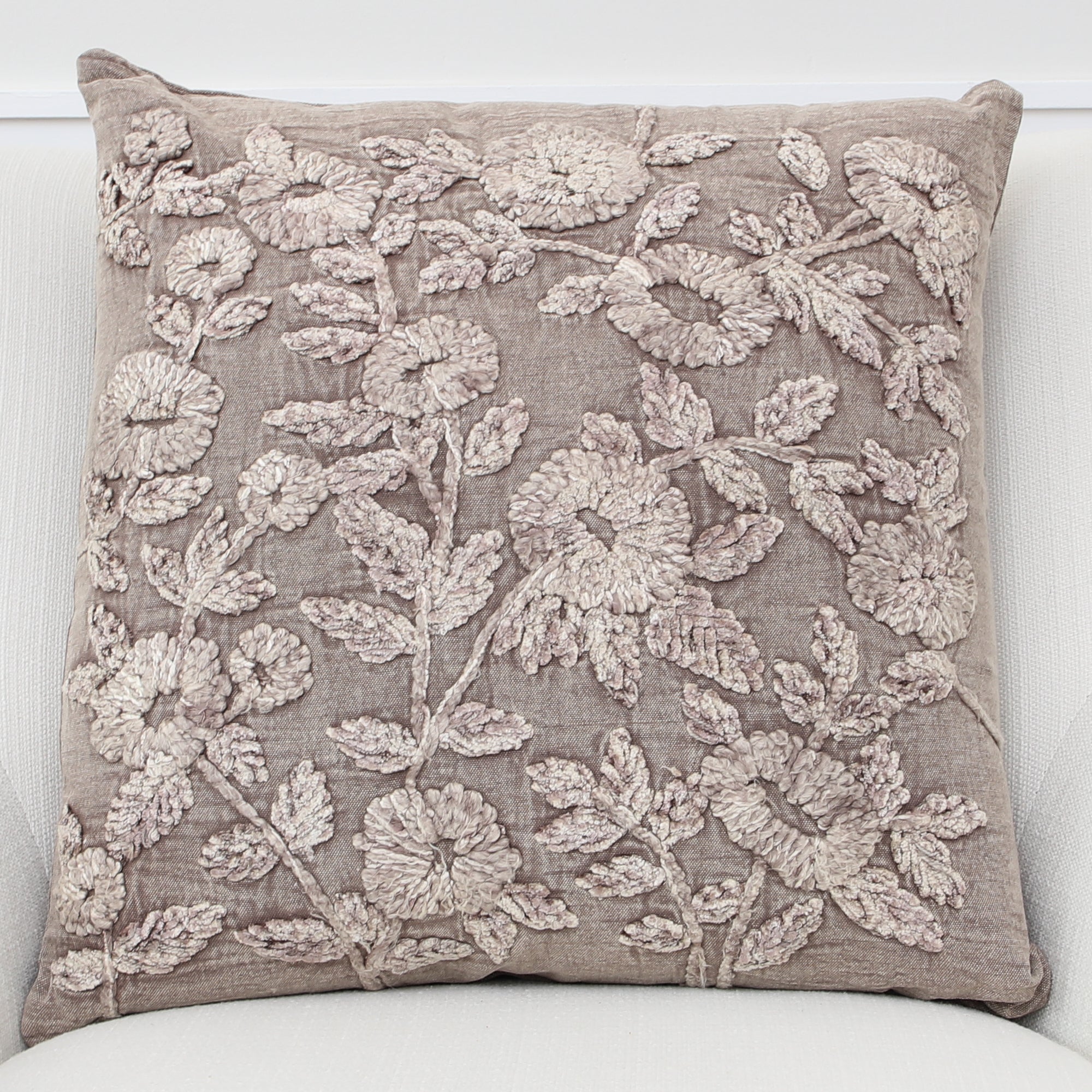 Stone Washed Taupe Floral Embroidered Pillow
