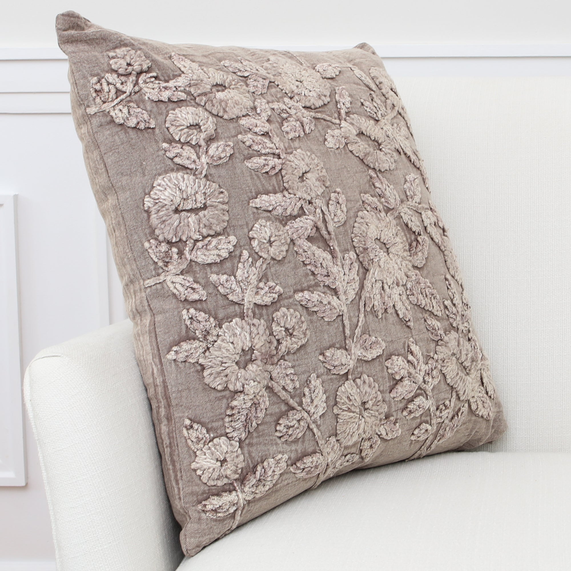 Stone Washed Taupe Floral Embroidered Pillow