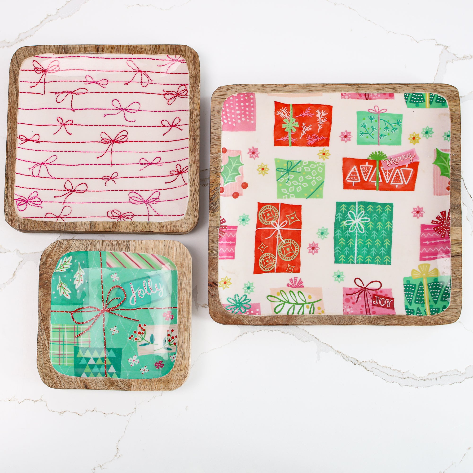 Enamel Mango Wood Trays Set Of 3 Pink and Green