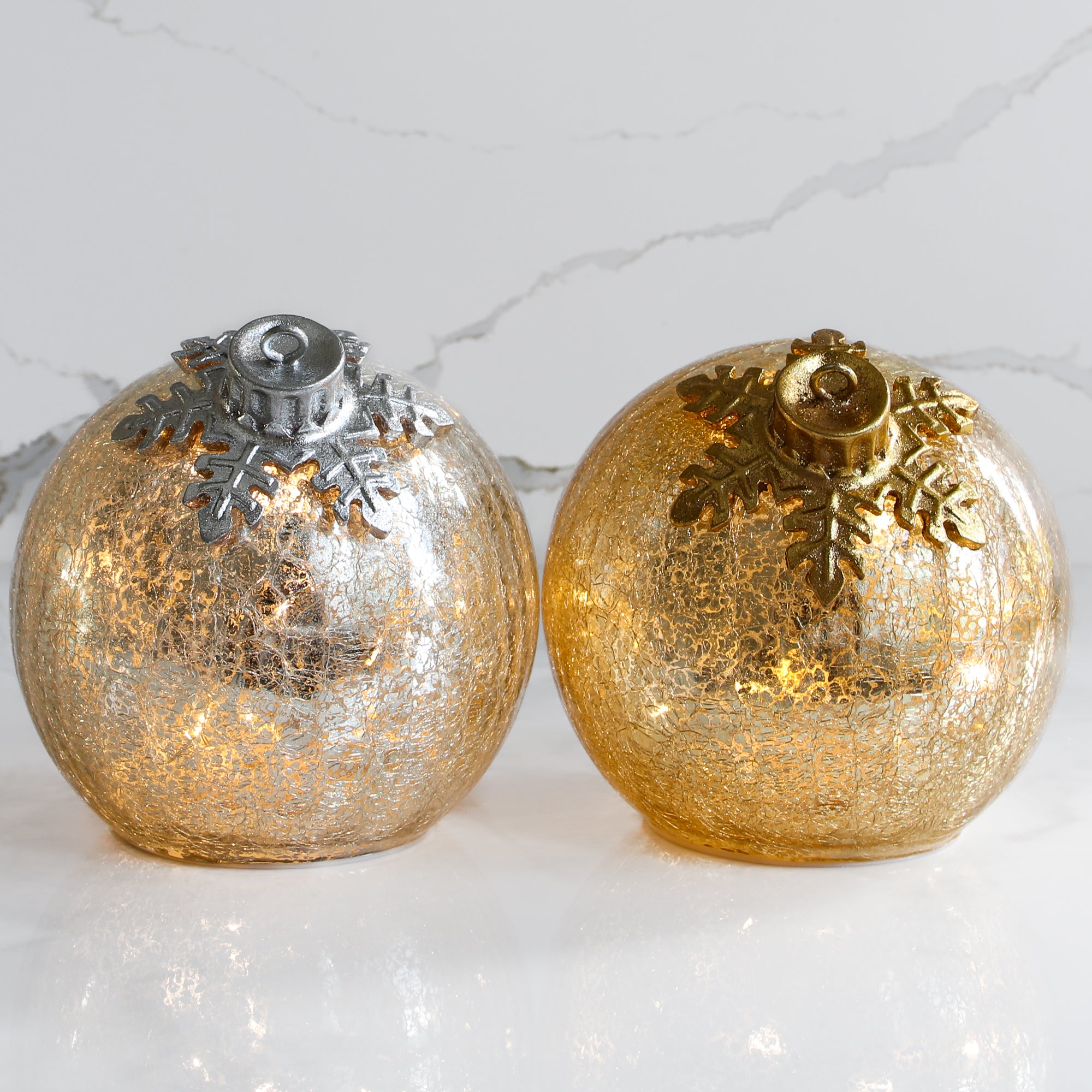 Light Up Glass Ornament with Flat Resting Base - Silver