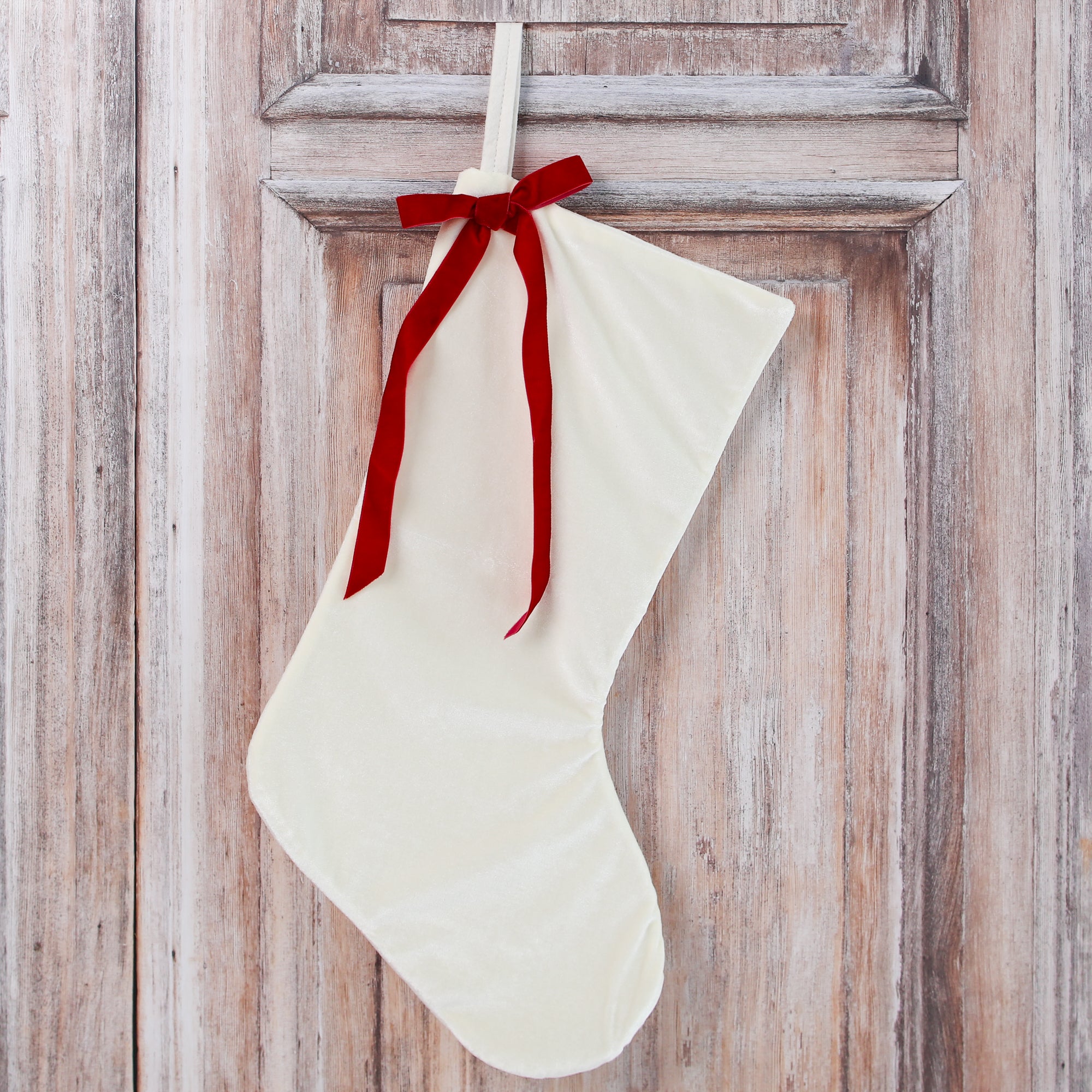 Cream Velvet Stocking with Bow, Set of 3