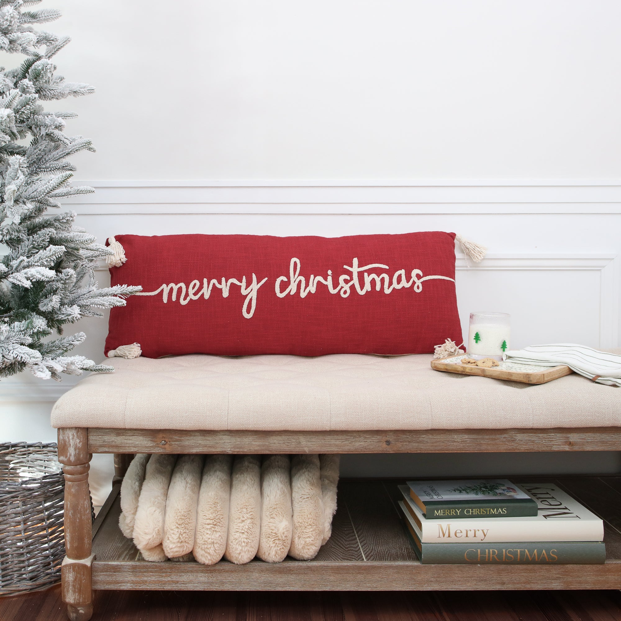 Red Merry Christmas Lumbar Pillow with Tassels