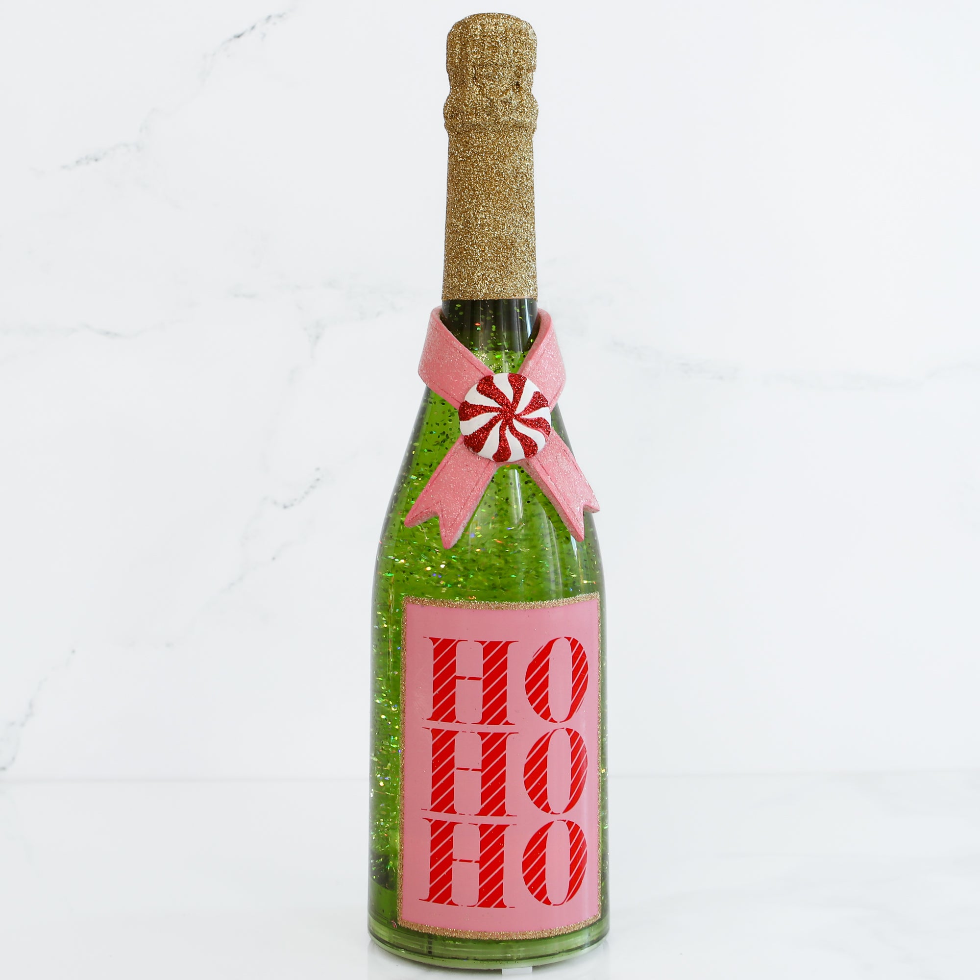 Lighted Pink Label Champagne Bottle with Swirling Glitter