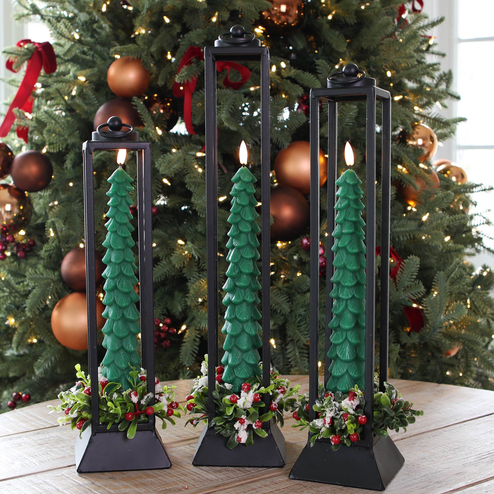 ARRANGEMENT: Set of 3 Black Lanterns + Set of 3 Green Tree Tapers + 3 Snowy Boxwood Candle Ring