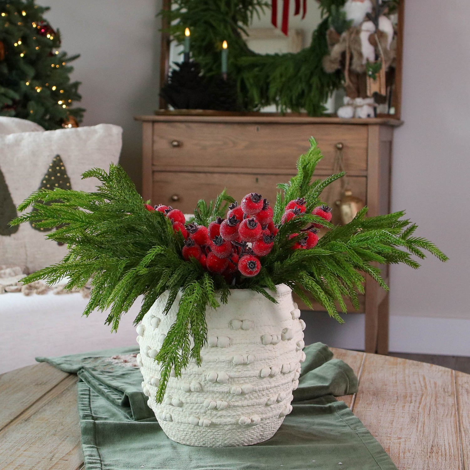 ARRANGEMENT: White Knot Vase with Red Icy Berry and Norfolk Bundle