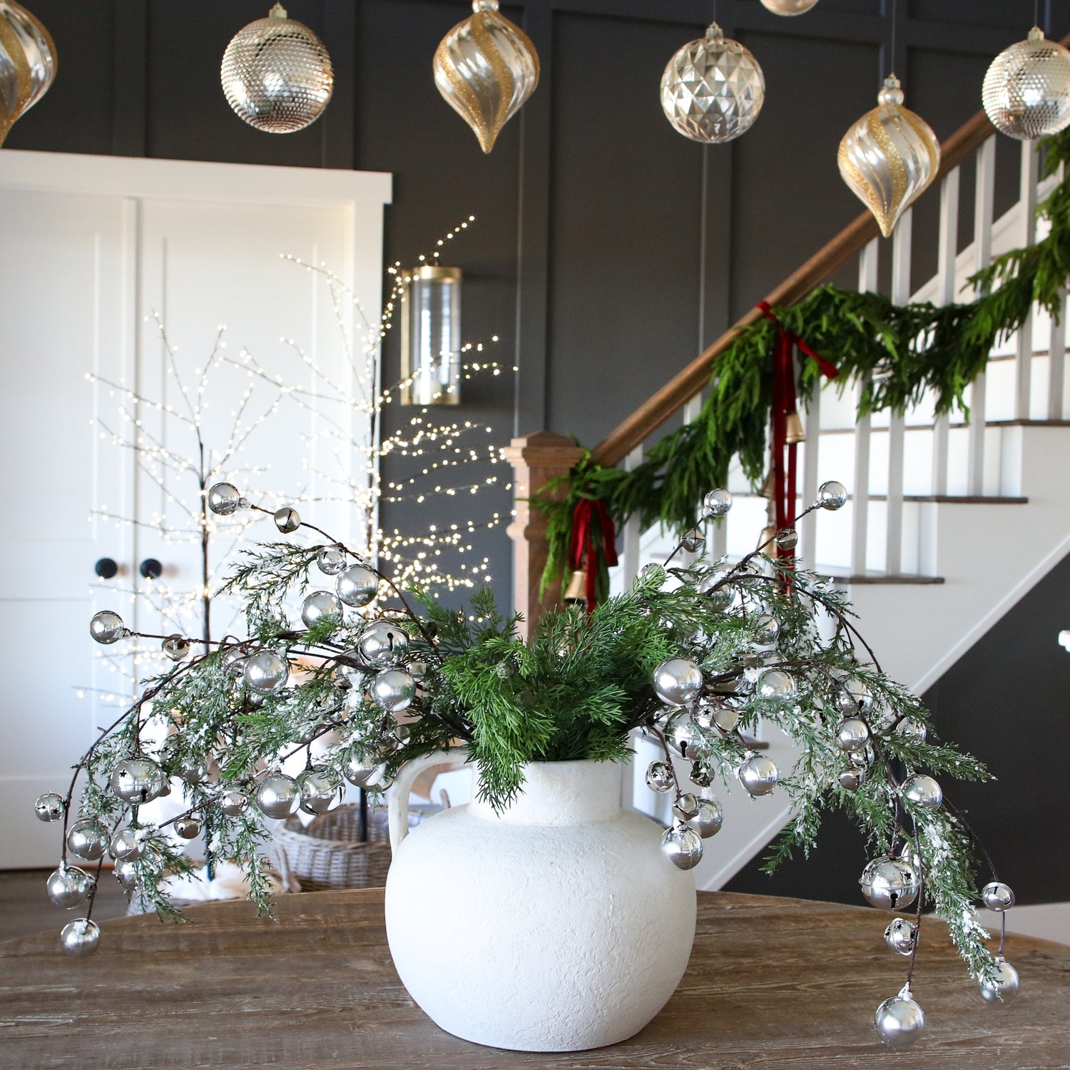 Snowy Pine Branch with Silver Bells- 24in