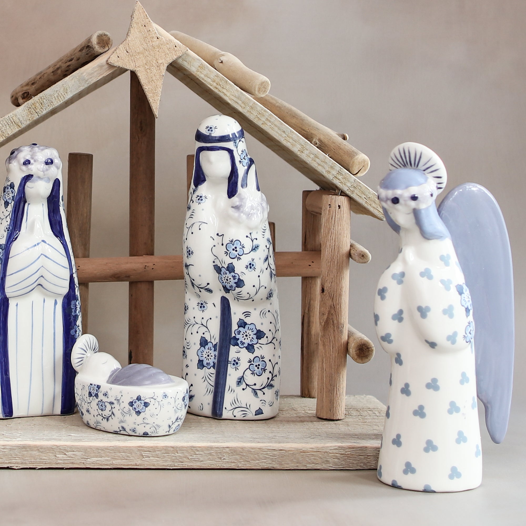 Ceramic Blue Floral Nativity Set