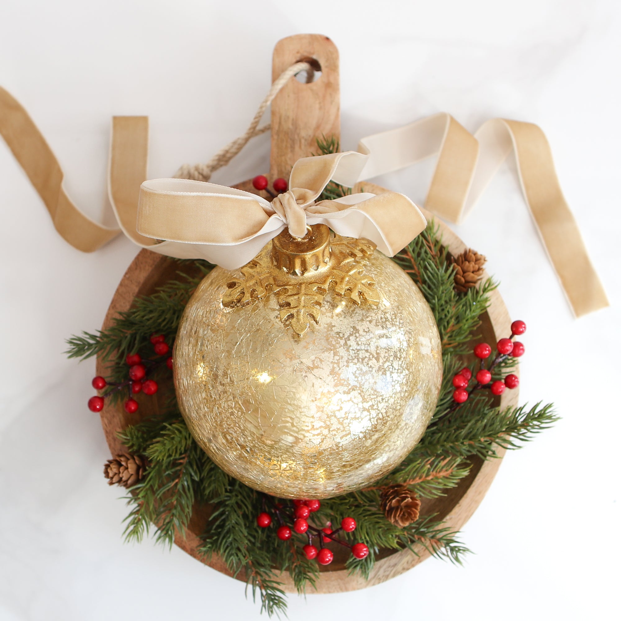 Light Up Glass Ornament with Flat Resting Base - Gold