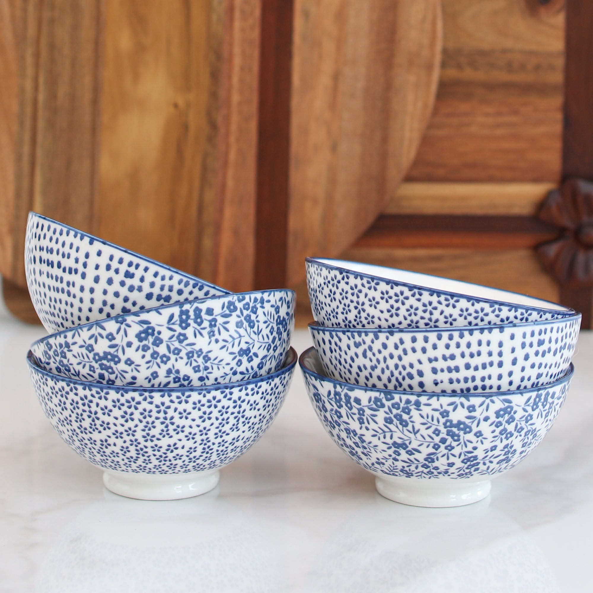 4" Blue Floral Small Bowls, Set of 6 - Interior Delights