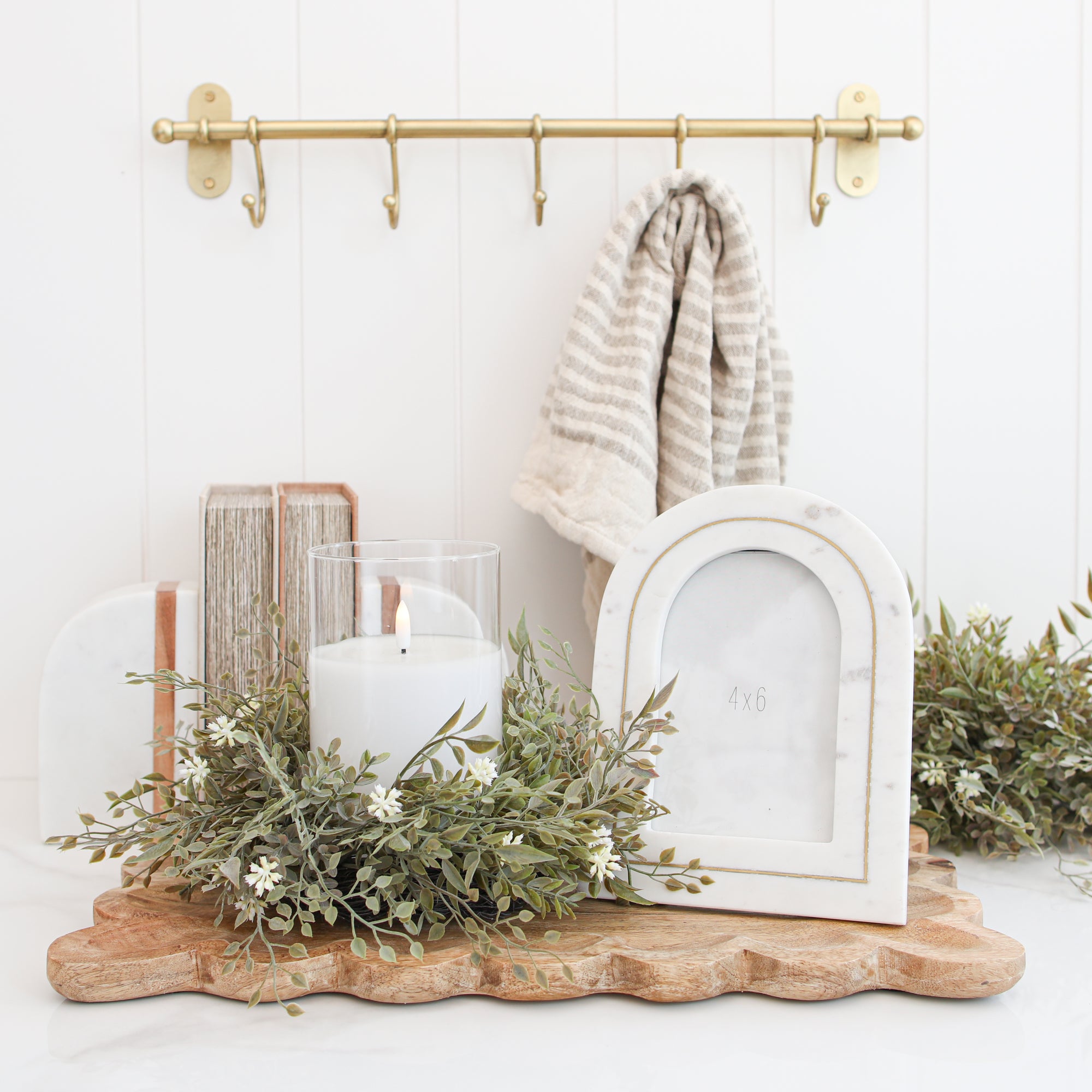 11" Sage Green Candle Ring with Cream Flowers