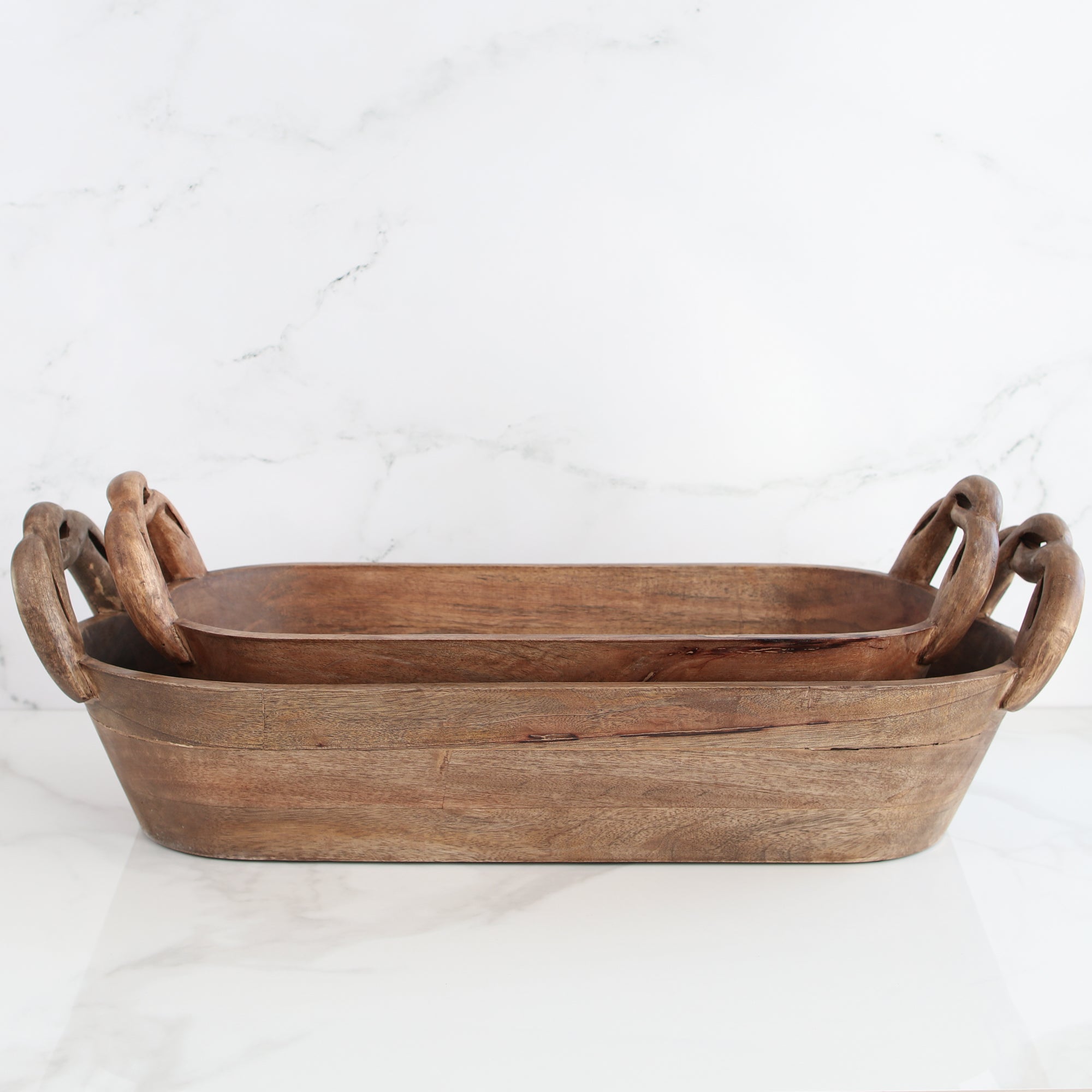 Wooden Braided Handle Dough Bowl, Set of 2 - Interior Delights