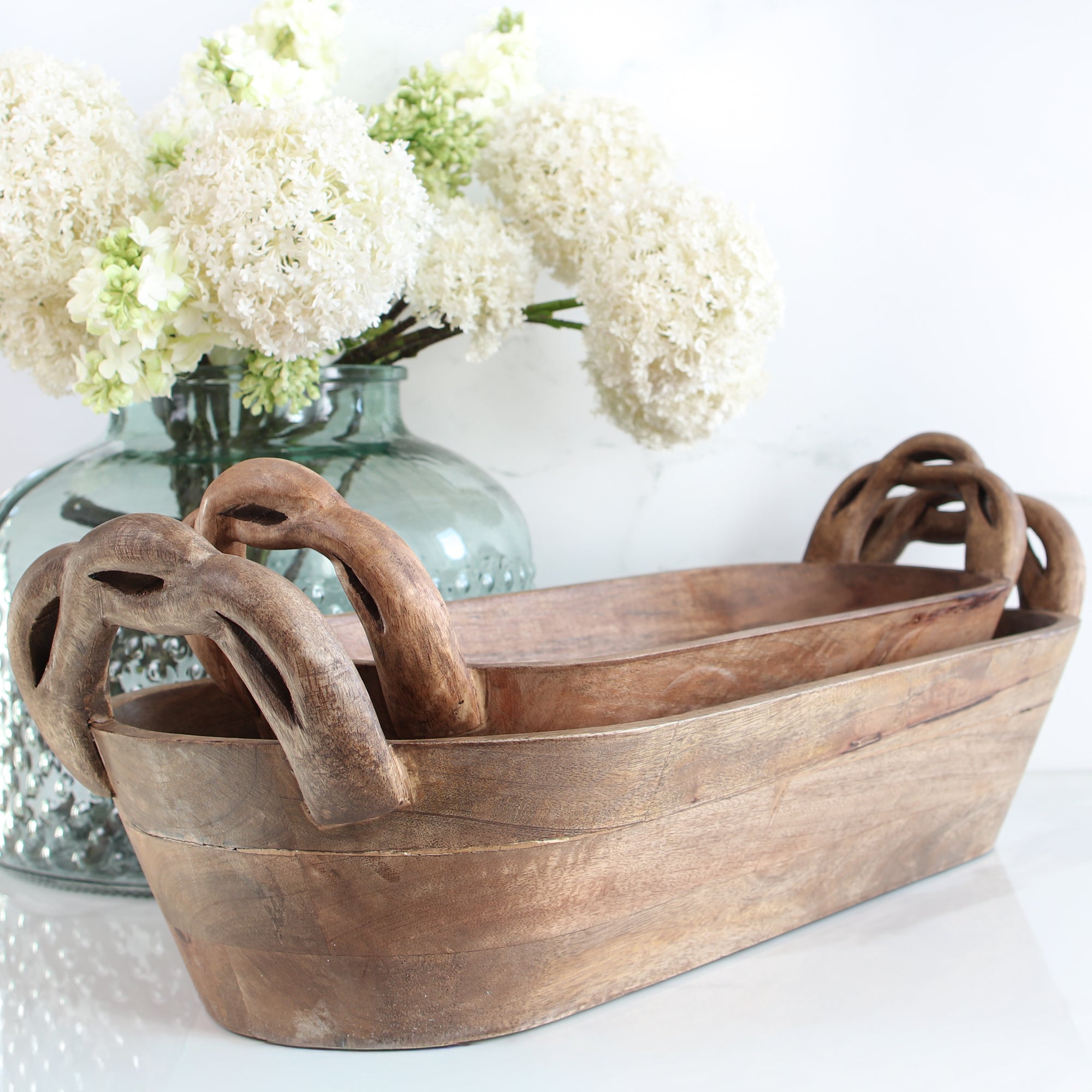 Wooden Braided Handle Dough Bowl, Set of 2 - Interior Delights