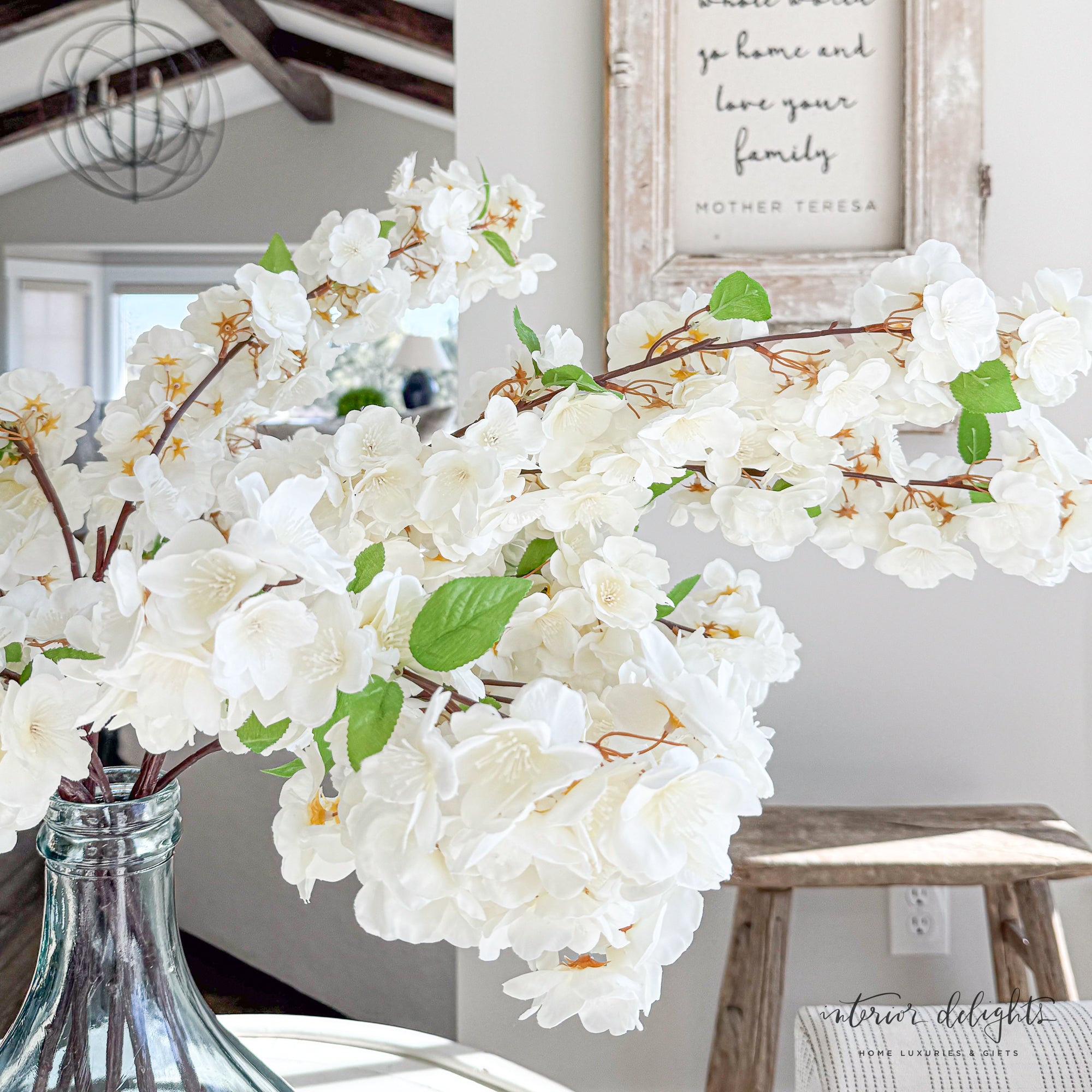 Cherry Blossom Spray - 44in long with creamy white flowers for a soft cottage feel in home decor.