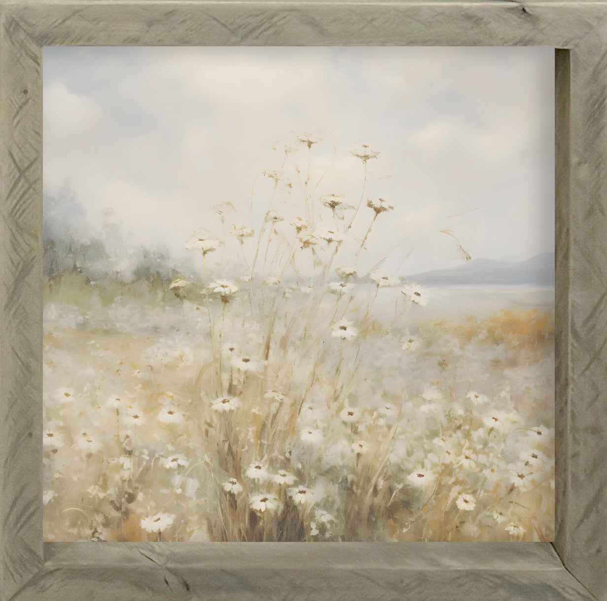 Field of Flowers 23x23 Thin Timberwood print on Raw Natural Canvas framed in a stylish Thin Timberwood Frame.