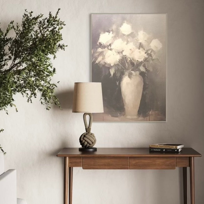 Vintage Roses bouquet printed on natural cotton canvas, framed in a thin gray hairline frame, dimensions 24x36 inches, perfect for home decor.