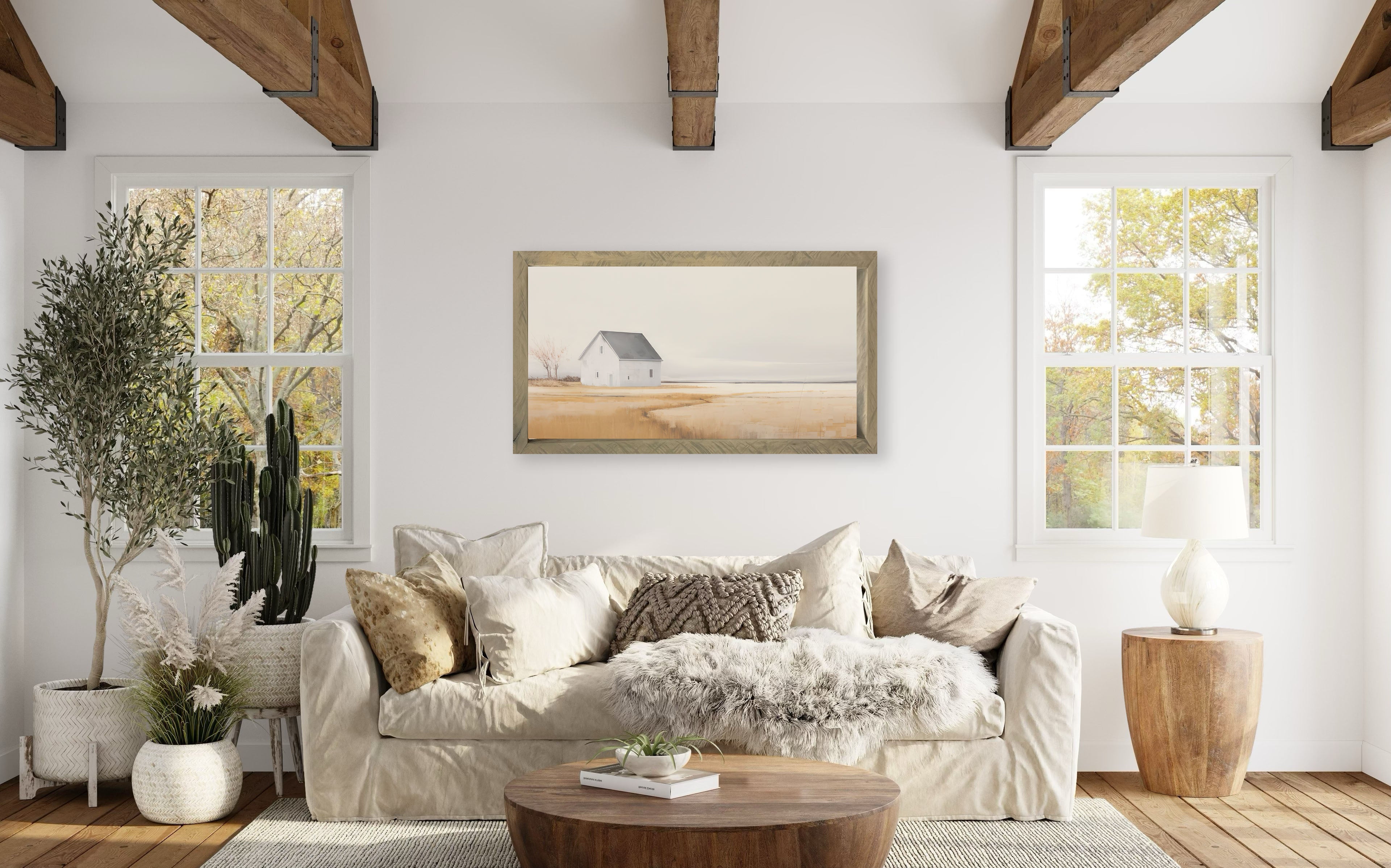 Barn 2 24x48 Thin Timberwood framed artwork featuring a vintage image printed on raw natural canvas, showcasing a rustic aesthetic with unique wood grain variations.