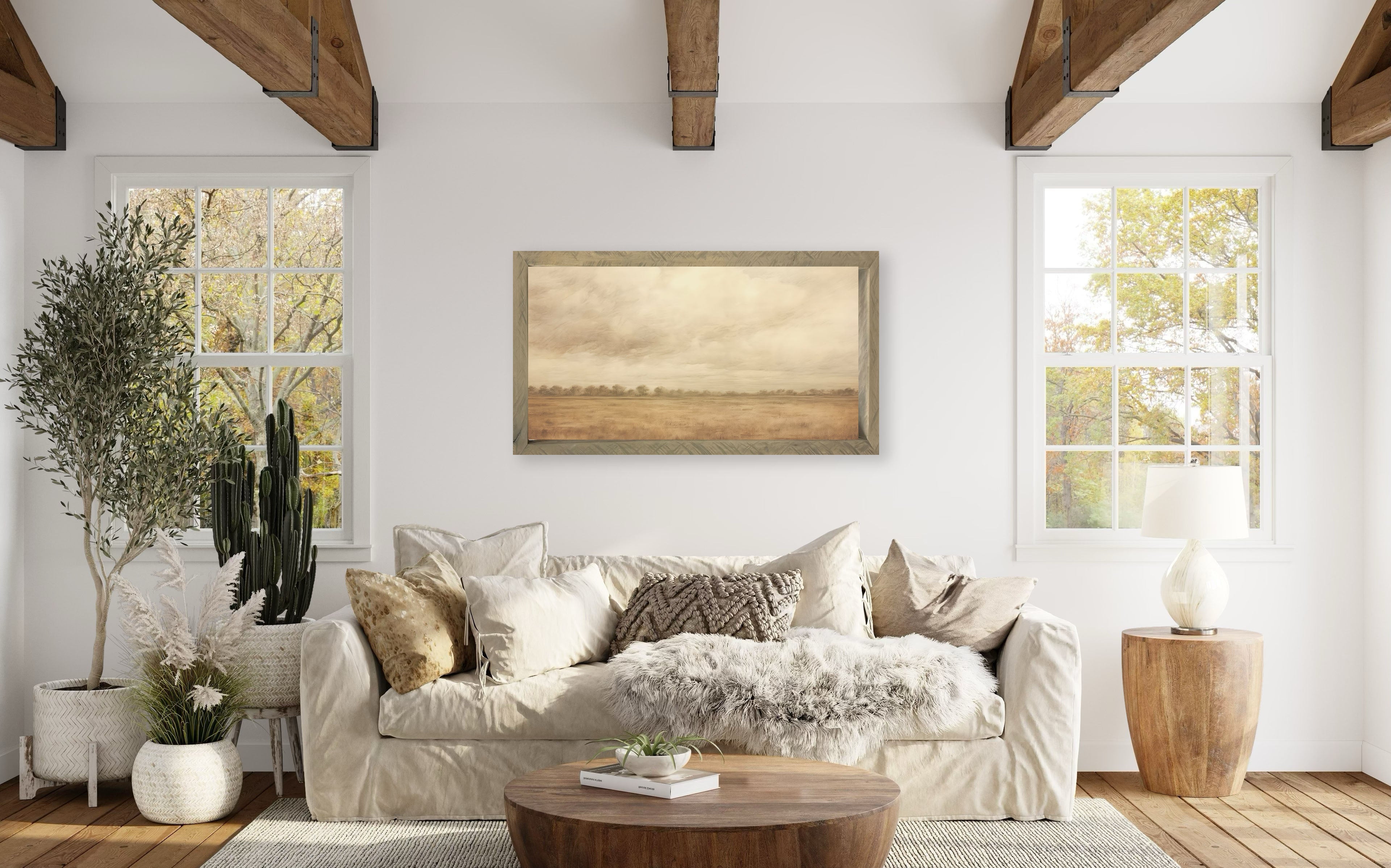 Close-up of Vintage Plains 24x48 Thin Timberwood art showcasing the unique texture of the handmade canvas and frame.