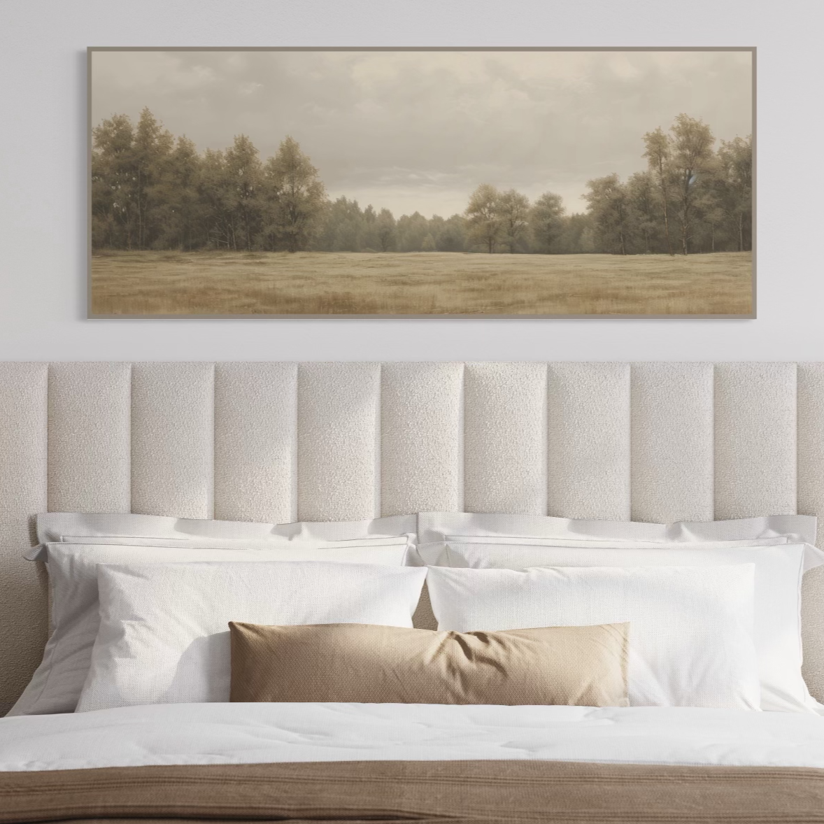 24x60 Treescape canvas art printed on natural cotton canvas with a thin gray hairline frame, perfect for home decor