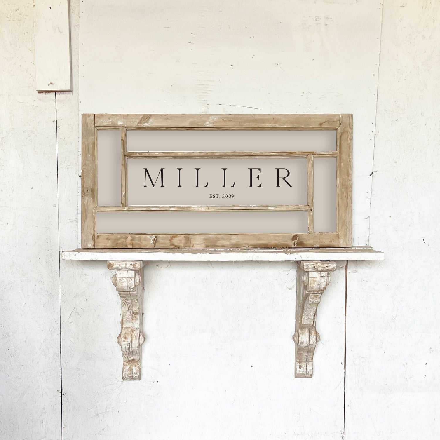 Customize - Est. Frame made from vintage European windows, showcasing unique paint and hardware, perfect for displaying your personalized photography.