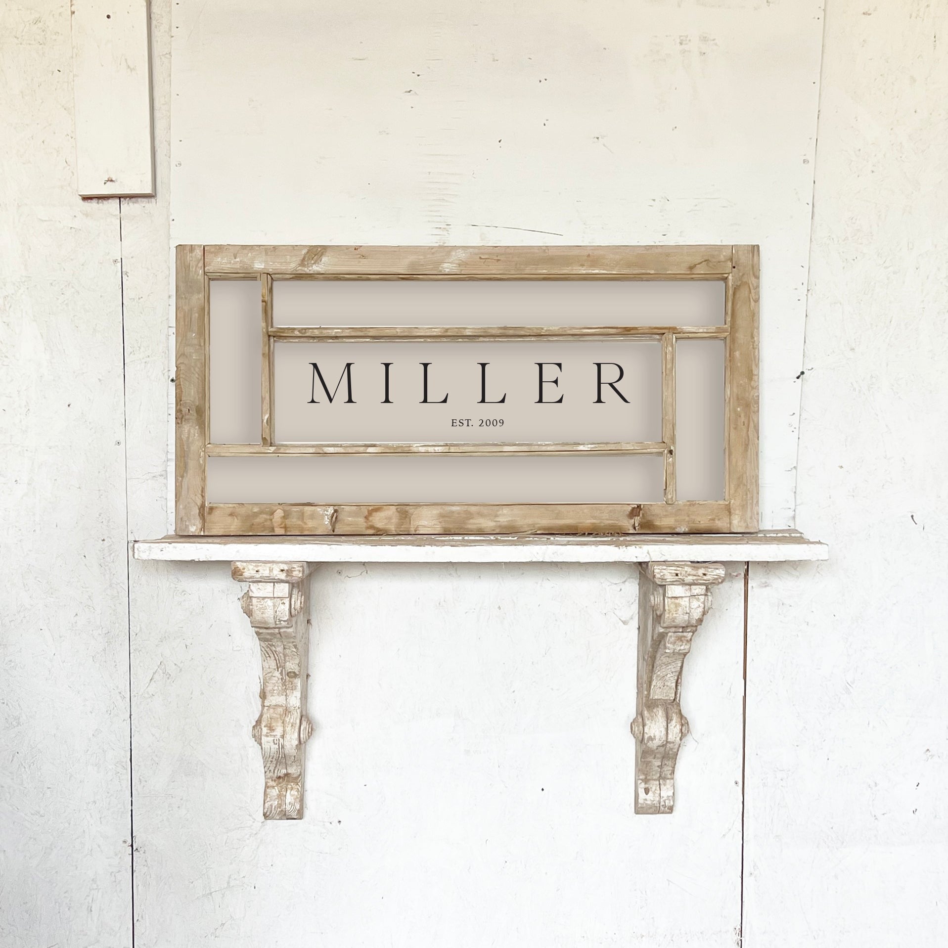 Customize - Est. Frame made from vintage European windows, showcasing unique paint and hardware, perfect for displaying your personalized photography.