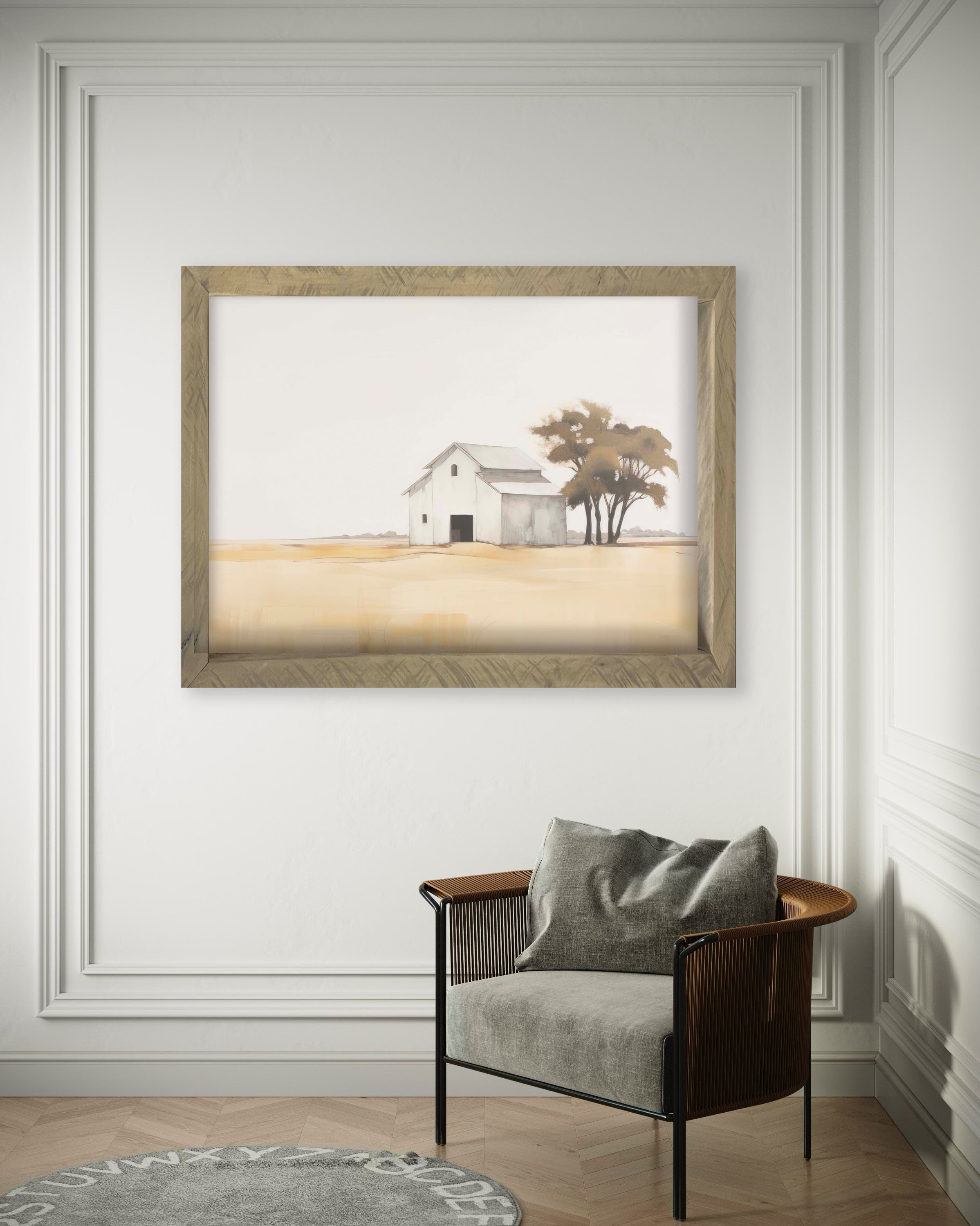 Framed Barn 1 artwork in Thin Timberwood Frame, measuring 34x44, offering a rustic and natural aesthetic for home decor.
