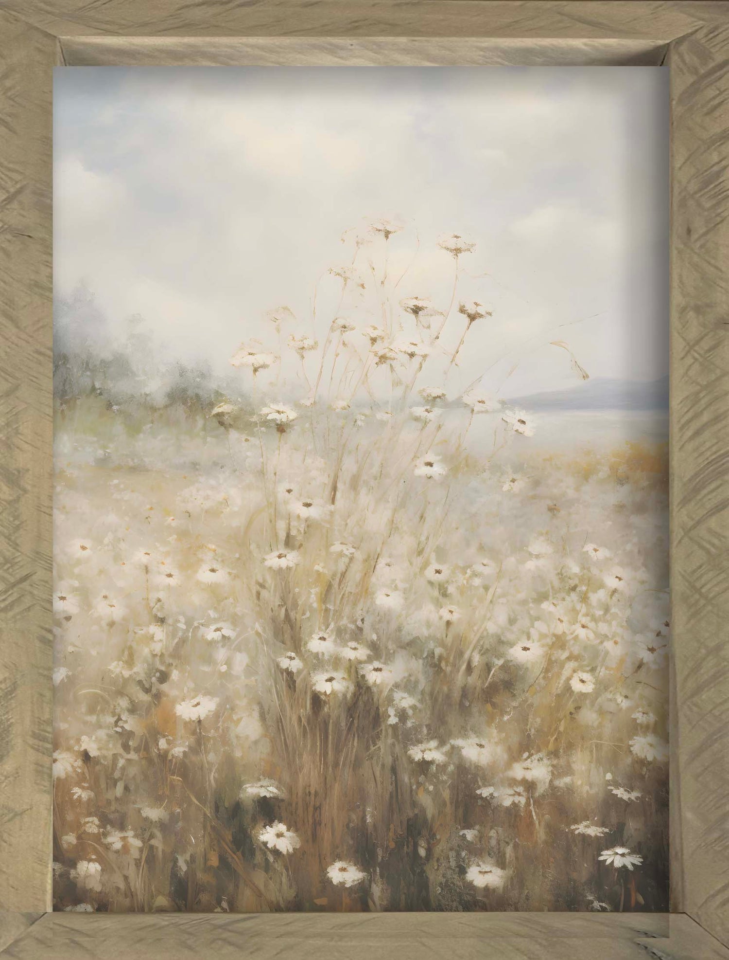 Field of Flowers 34x44 Thin Timberwood framed art print on Raw Natural Canvas, capturing a beautiful floral design.