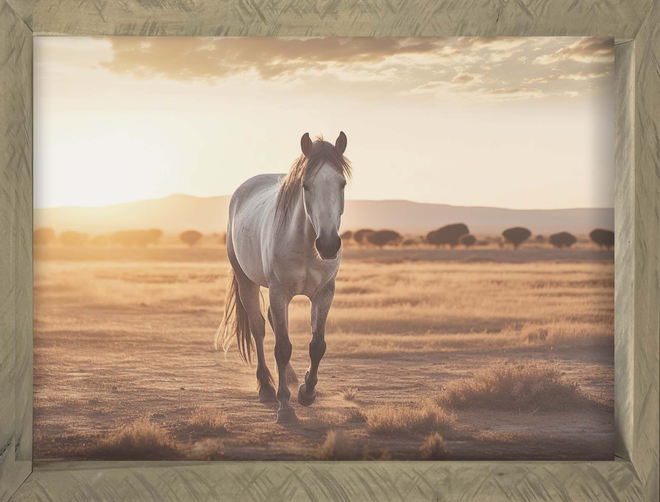 Horse with Landscape 34x44 Thin Timberwood framed artwork featuring a stunning scene on Raw Natural Canvas.