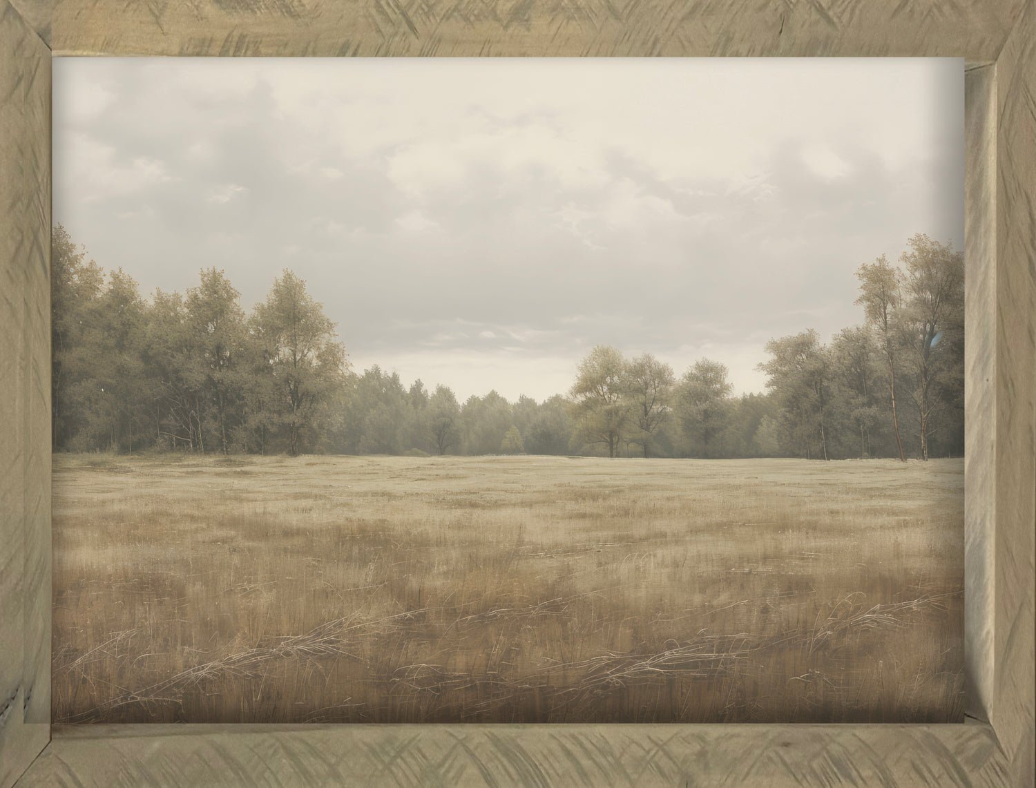 Treescape 34x44 Thin Timberwood framed print on Raw Natural Canvas, showcasing a vintage-inspired design.